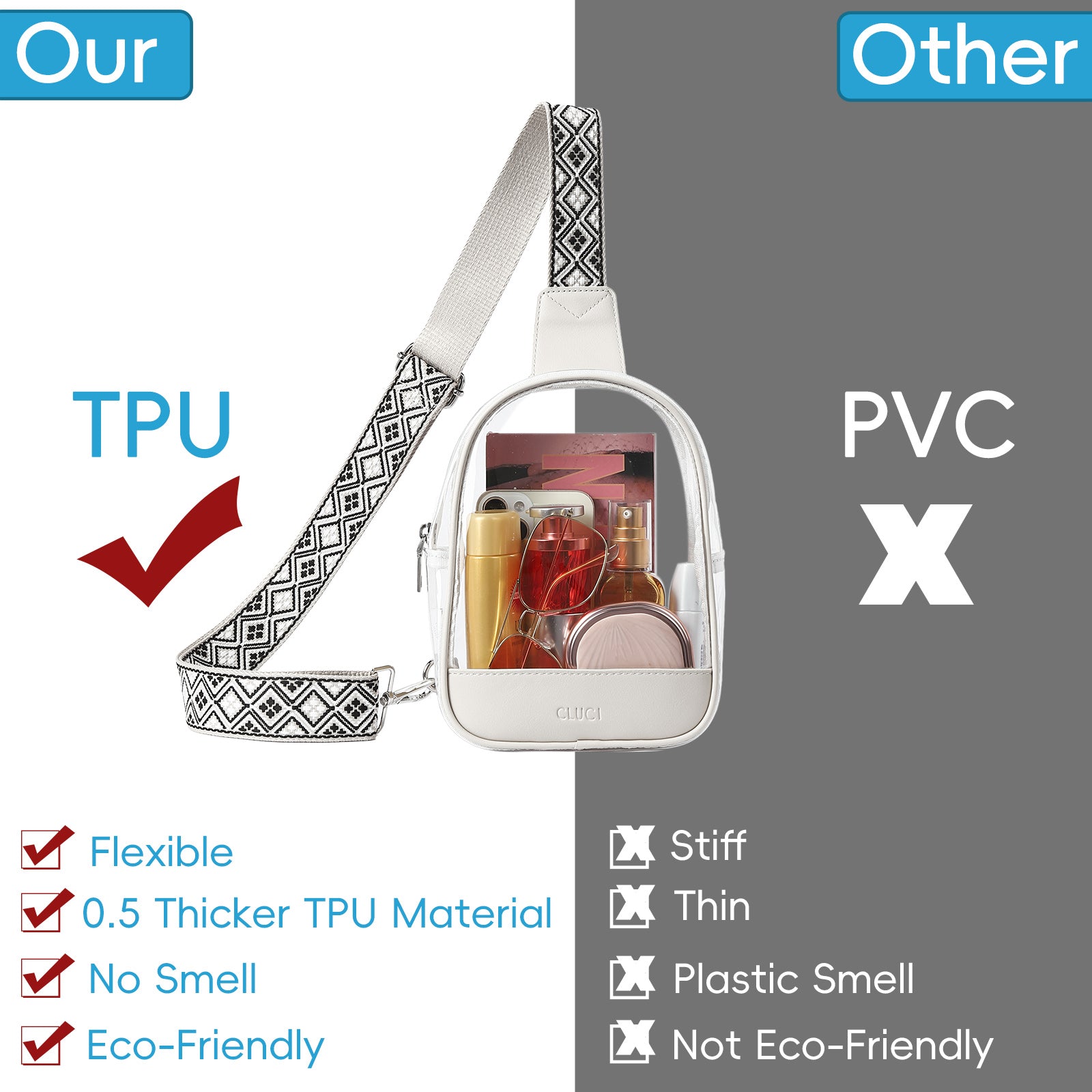 CLUCI Clear Bag for Stadium Events, Clear Crossbody Bag Purses for women stadium Transparent, Concerts Sports