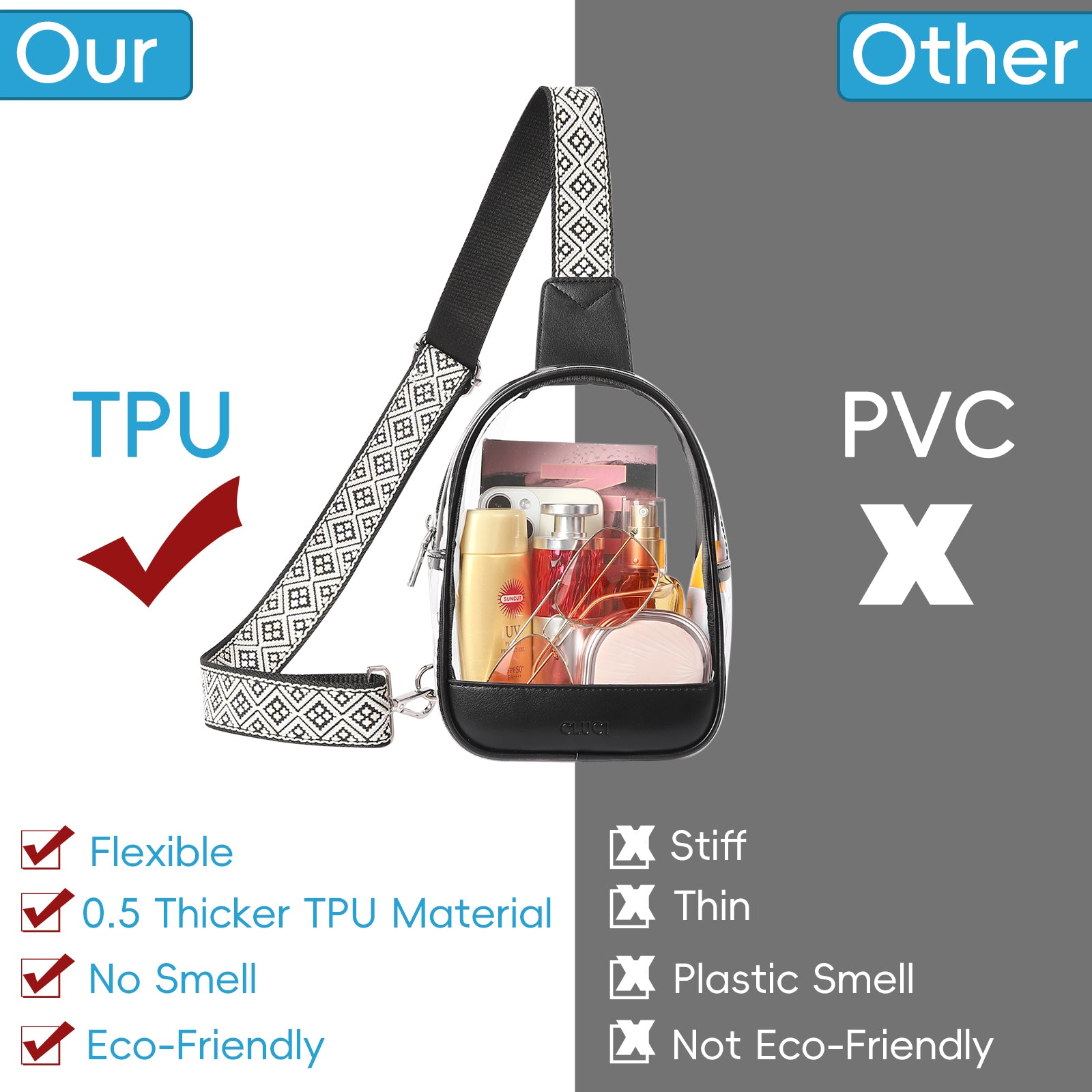 CLUCI Clear Bag for Stadium Events, Clear Crossbody Bag Purses for women stadium Transparent, Concerts Sports