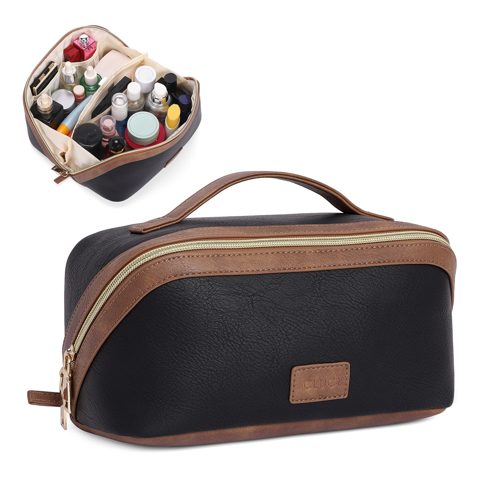 CLUCI Makeup Bag PU Leather Waterproof Large Capacity Cosmetic Bag Organizer Toiletry Bag with Handle and Divider Travel Bag