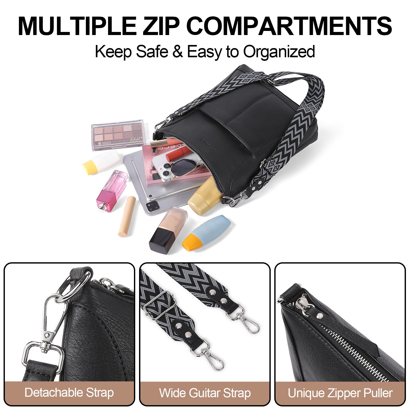 Crossbody for Women Vegan Leather Hobo Bags Casual Satchel with Guitar Strap