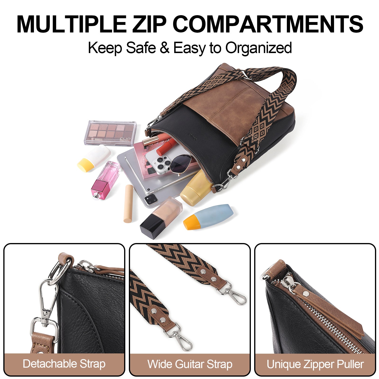 Crossbody for Women Vegan Leather Hobo Bags Casual Satchel with Guitar Strap