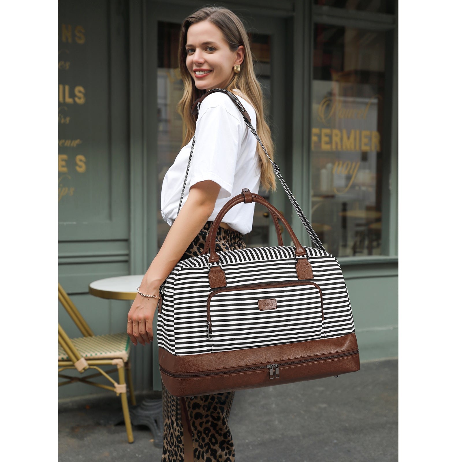 CLUCI Weekender Bags for Women Canvas Duffle Bag Travel Overnight Bags Carry On Tote with Shoe Compartment Beige with Brown