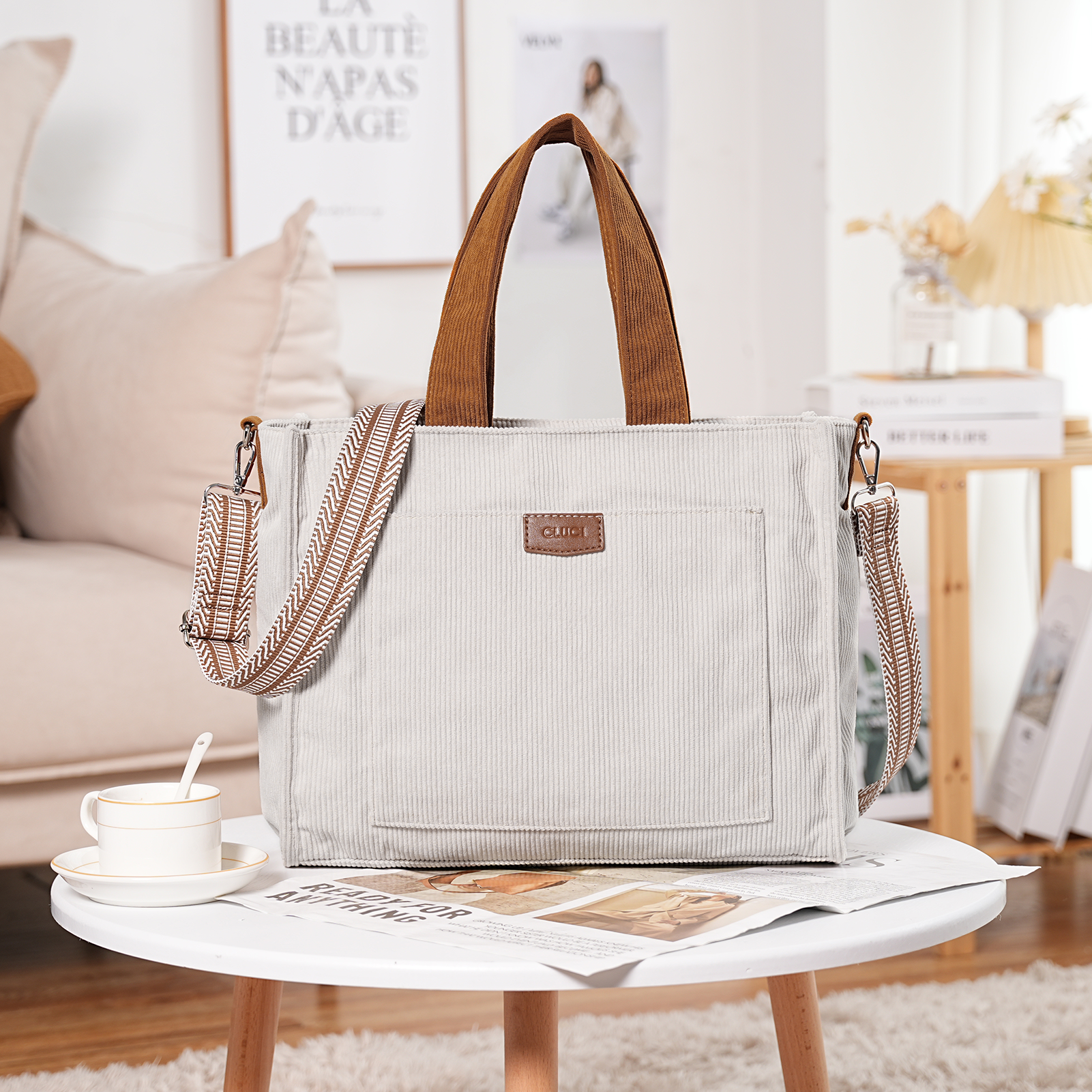 Wide Purse Strap Crossbody Purses Adjustable Replacement Shoulder Handbag Strap—Beige with Brown