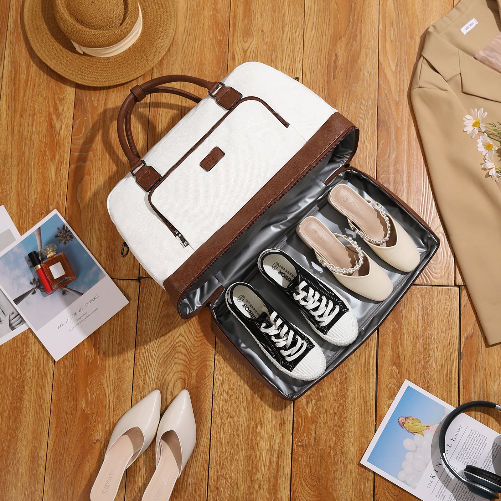 CLUCI Weekender Bags for Women Canvas Duffle Bag Travel Overnight Bags Carry On Tote with Shoe Compartment Beige with Brown