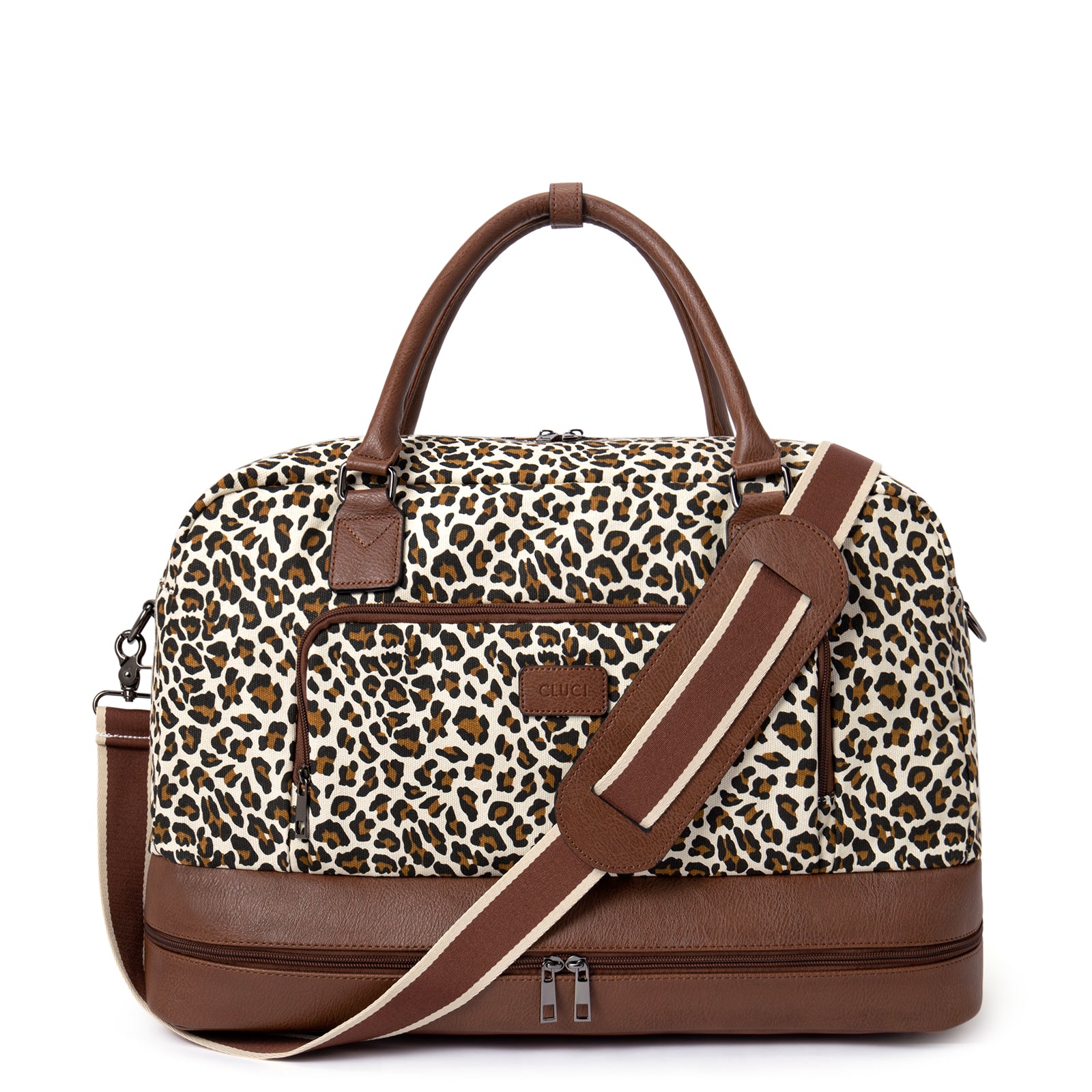 CLUCI Weekender Bags for Women Canvas Duffle Bag Travel Overnight Bags Carry On Tote with Shoe Compartment Beige with Brown
