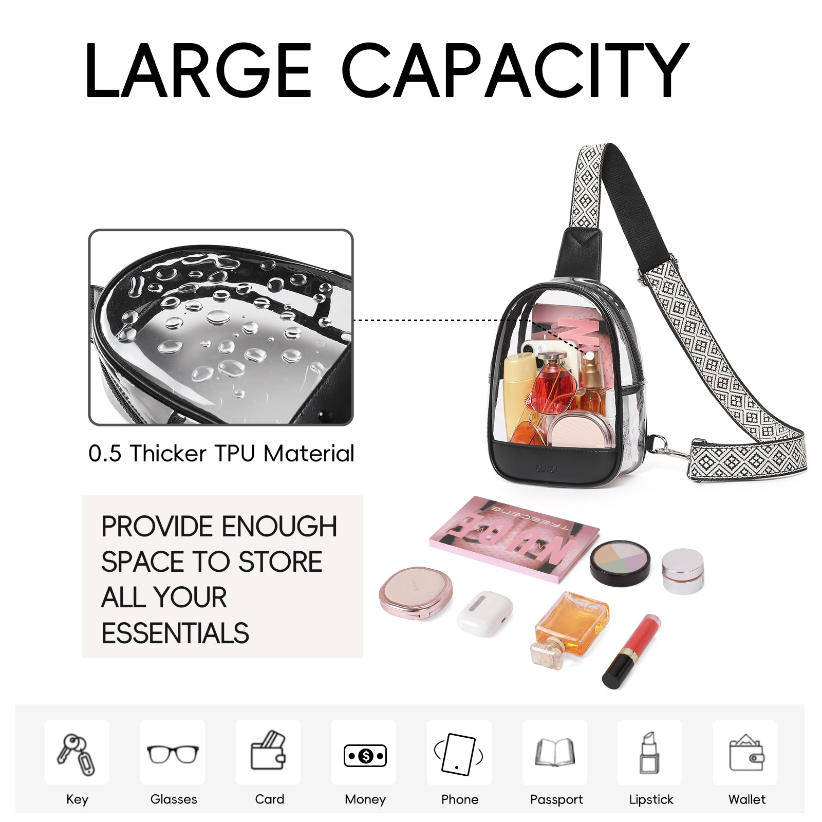 CLUCI Clear Bag for Stadium Events, Clear Crossbody Bag Purses for women stadium Transparent, Concerts Sports