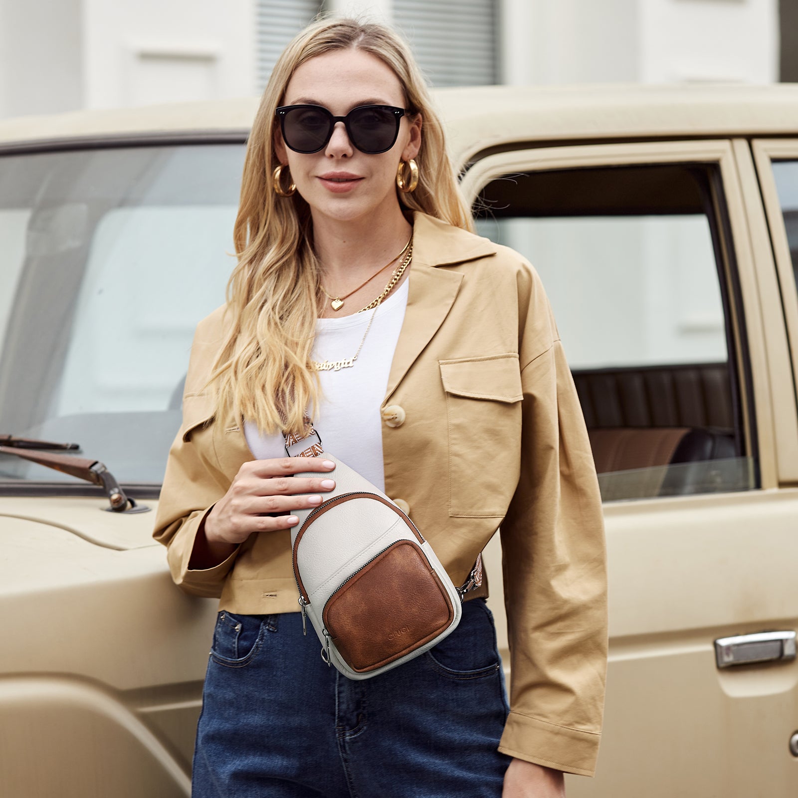 CLUCI Leather Sling Bag With Guitar Strap