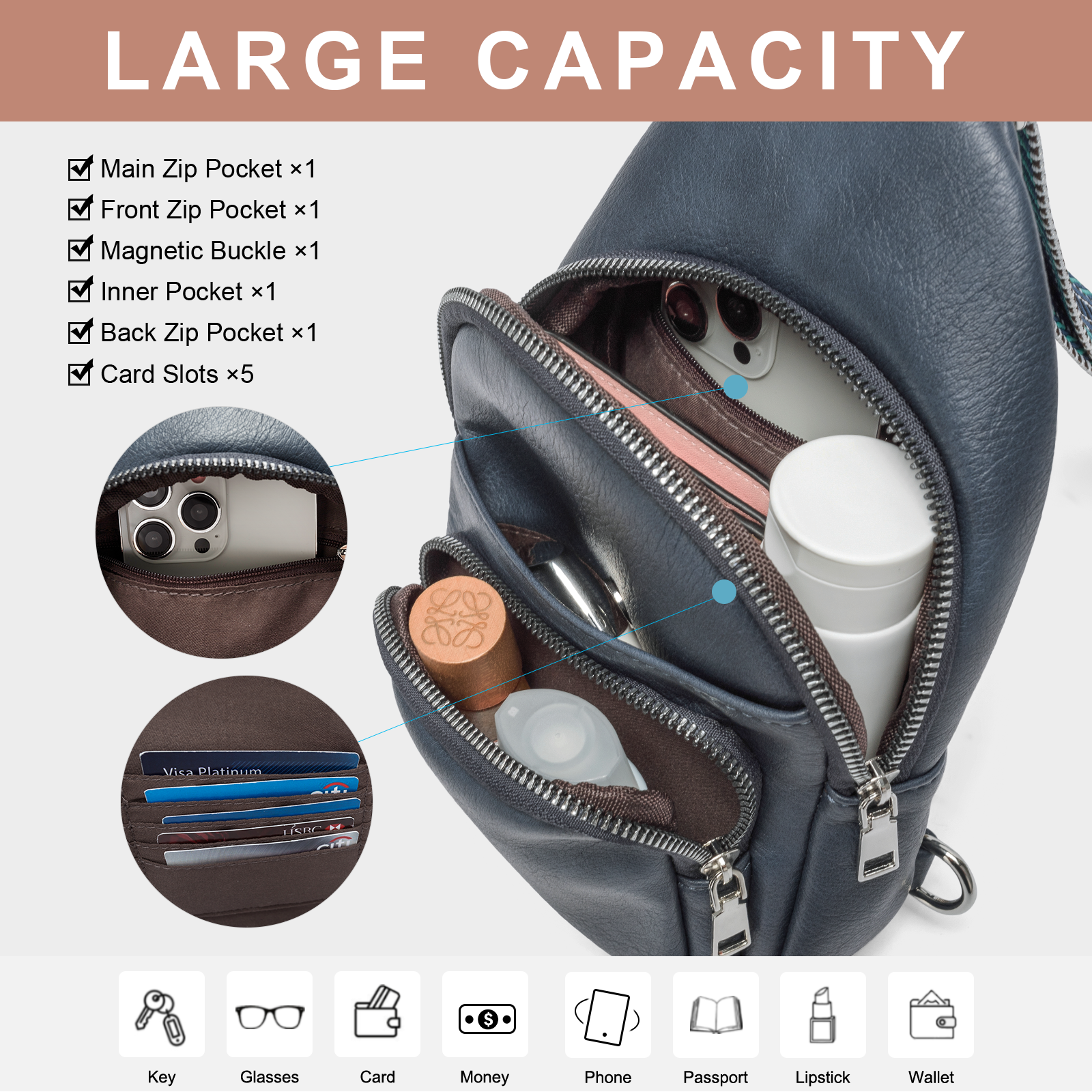 CLUCI Leather Sling Bag With Guitar Strap