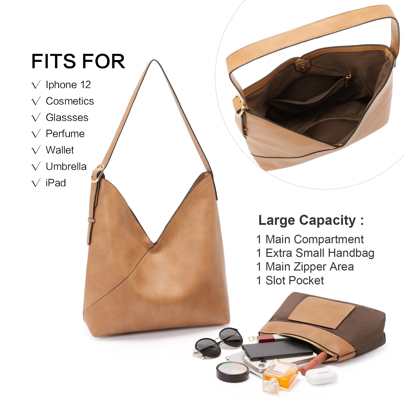 CLUCI Hobo Bags for Women Vegan Leather Purses Designer Handbags Tote Fashion Large Ladies Shoulder Bag