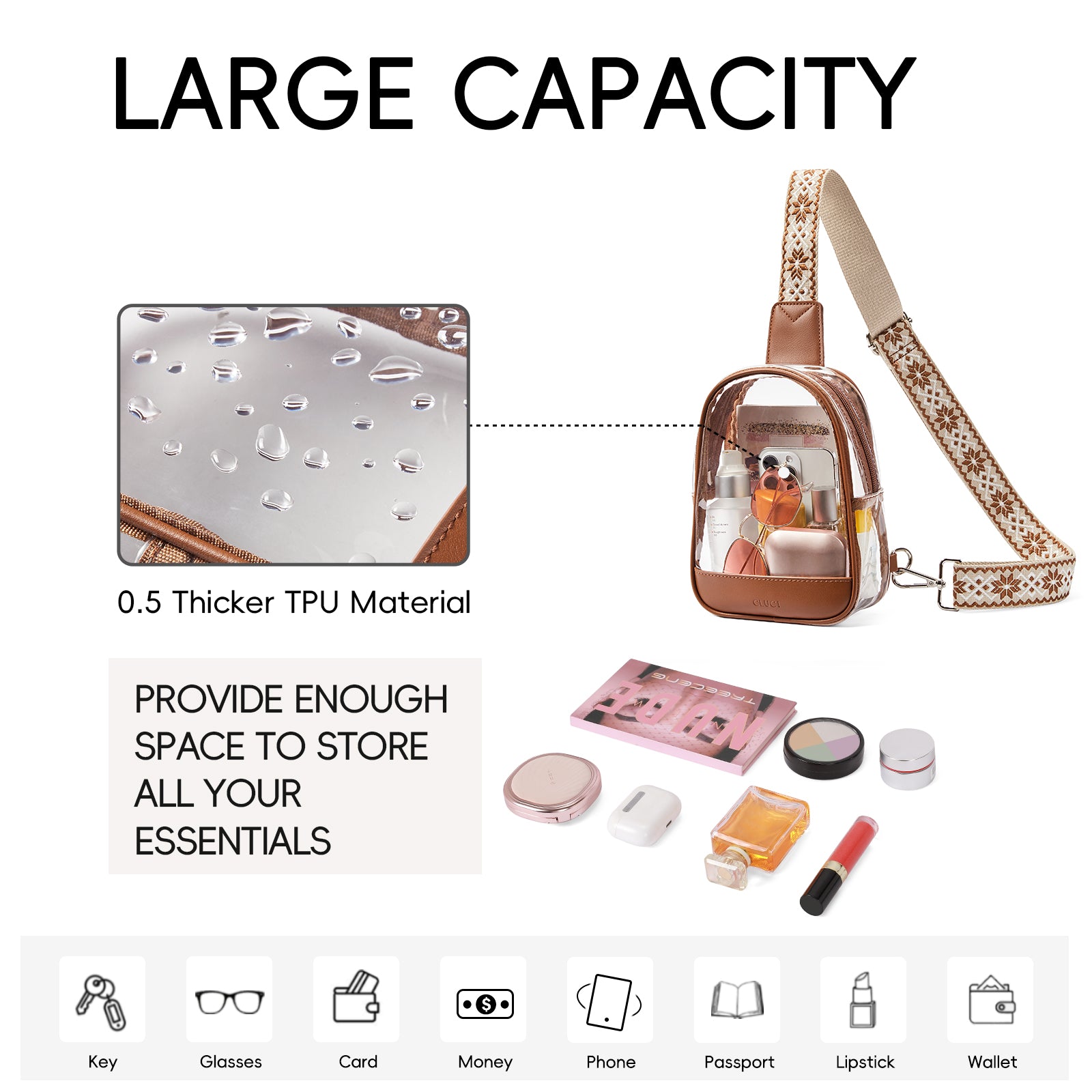 CLUCI Clear Bag for Stadium Events, Clear Crossbody Bag Purses for women stadium Transparent, Concerts Sports