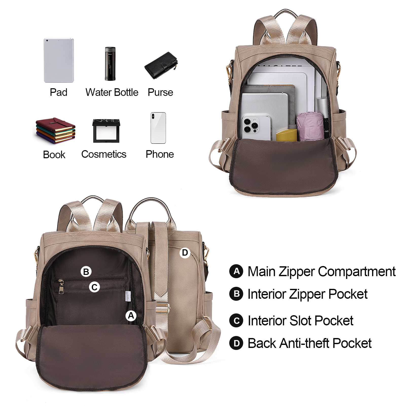 CLUCI Womens Backpack Purse Leather Anti-theft Large Fashion Designer Travel Bag