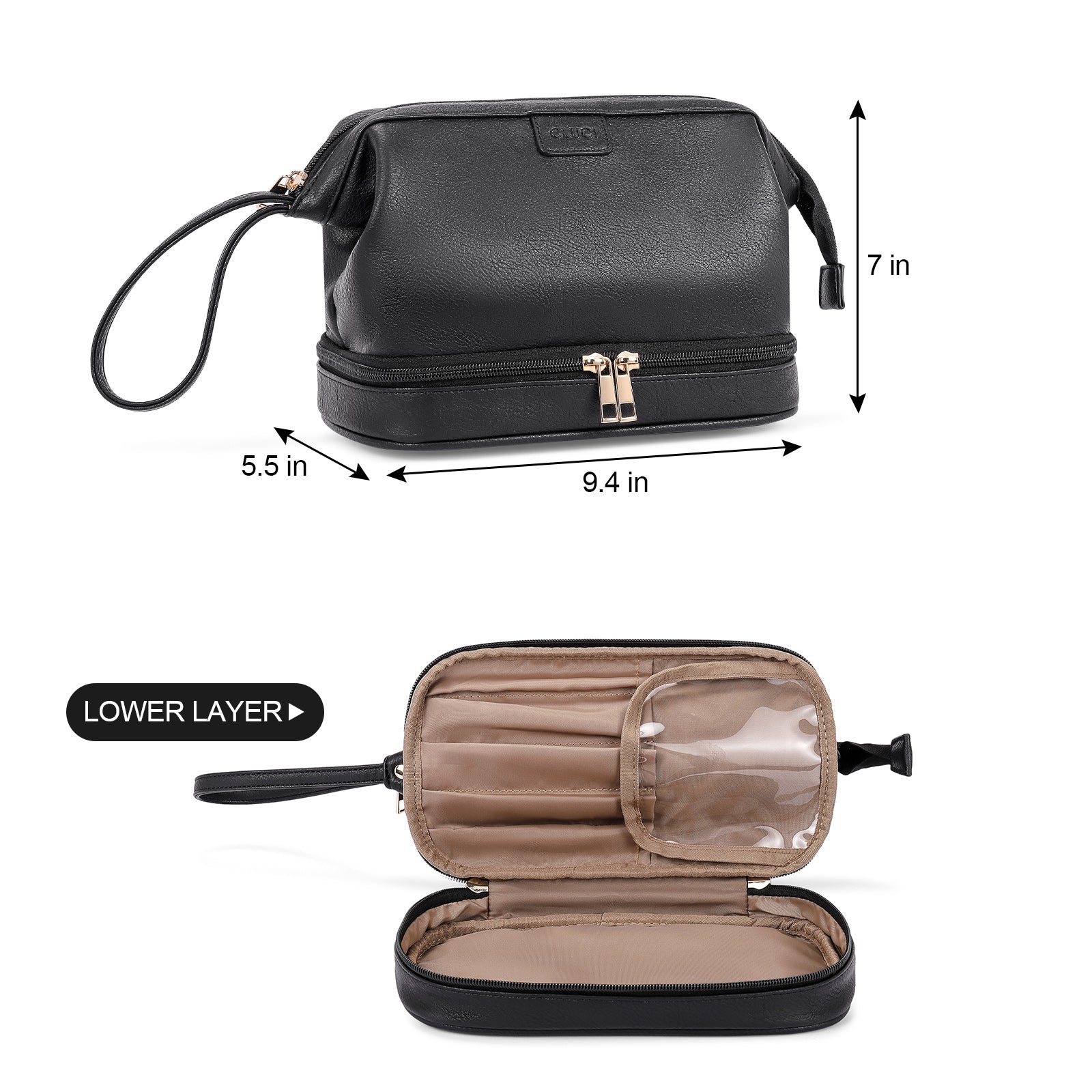 CLUCI Travel Makeup Bag Cosmetic Bag Large Capacity Makeup Bag Organizer PU Leather Water-resistant Women Double Layer Portable Cosmetic Travel Bags Traveling Toiletry Bag