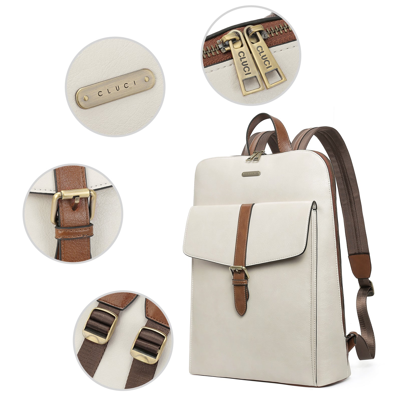 CLUCI Leather Laptop Backpack for Women 15.6 inch Computer Backpack Stylish Travel Backpack Purse for Women Work Daypack Bag