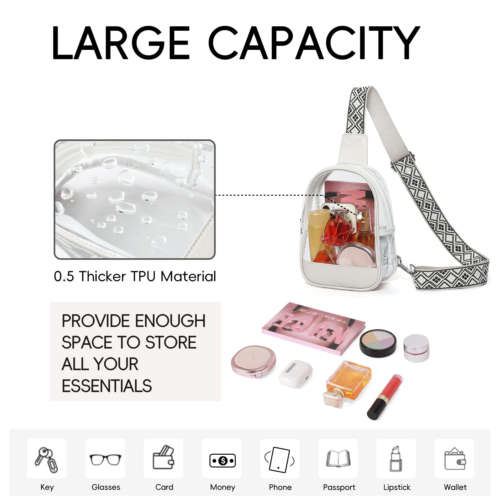 CLUCI Clear Bag for Stadium Events, Clear Crossbody Bag Purses for women stadium Transparent, Concerts Sports