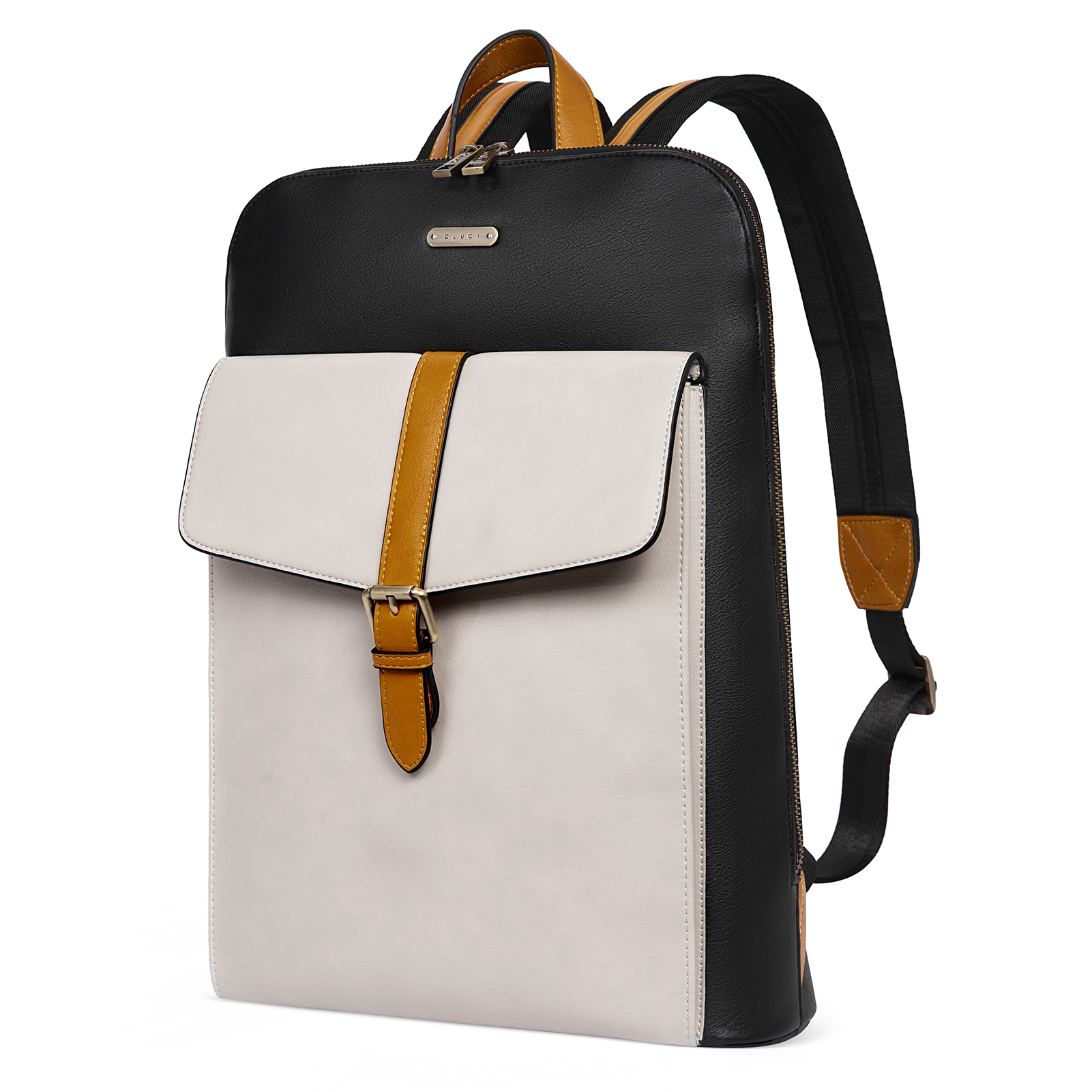 CLUCI Leather Laptop Backpack for Women 15.6 inch Computer Backpack Stylish Travel Backpack Purse for Women Work Daypack Bag, Black-white With Yellow CLUCI Leather Laptop Backpack for Women 15.6 inch Computer Backpack Stylish Travel Backpack Purse for Women Work Daypack Bag, Black-white With Yellow