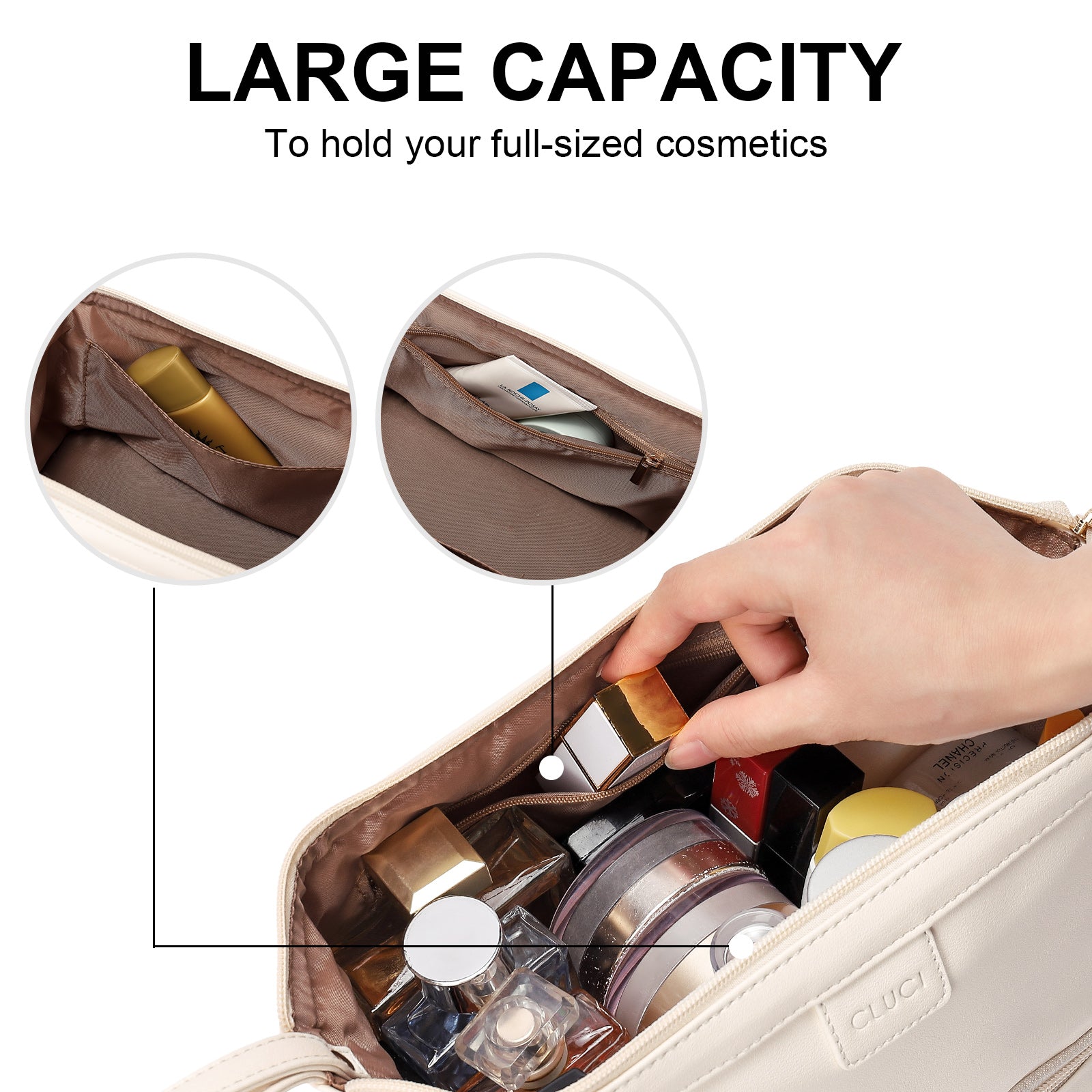 CLUCI Travel Makeup Bag Cosmetic Bag Large Capacity Makeup Bag Organizer PU Leather Water-resistant Women Double Layer Portable Cosmetic Travel Bags Traveling Toiletry Bag