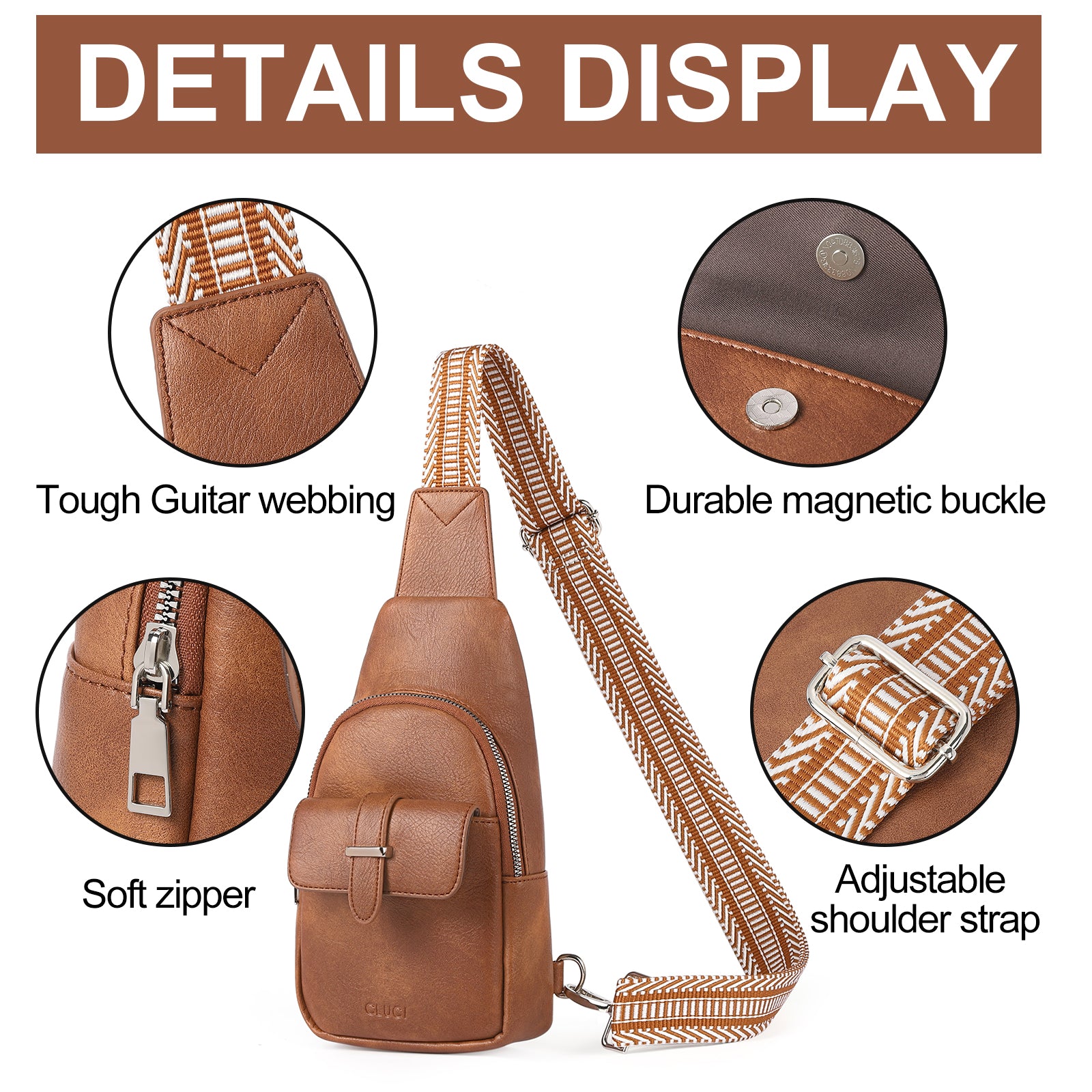 CLUCI Small Faux Leather Sling Bag Fashion Waist Packs with Guitar Strap for Women