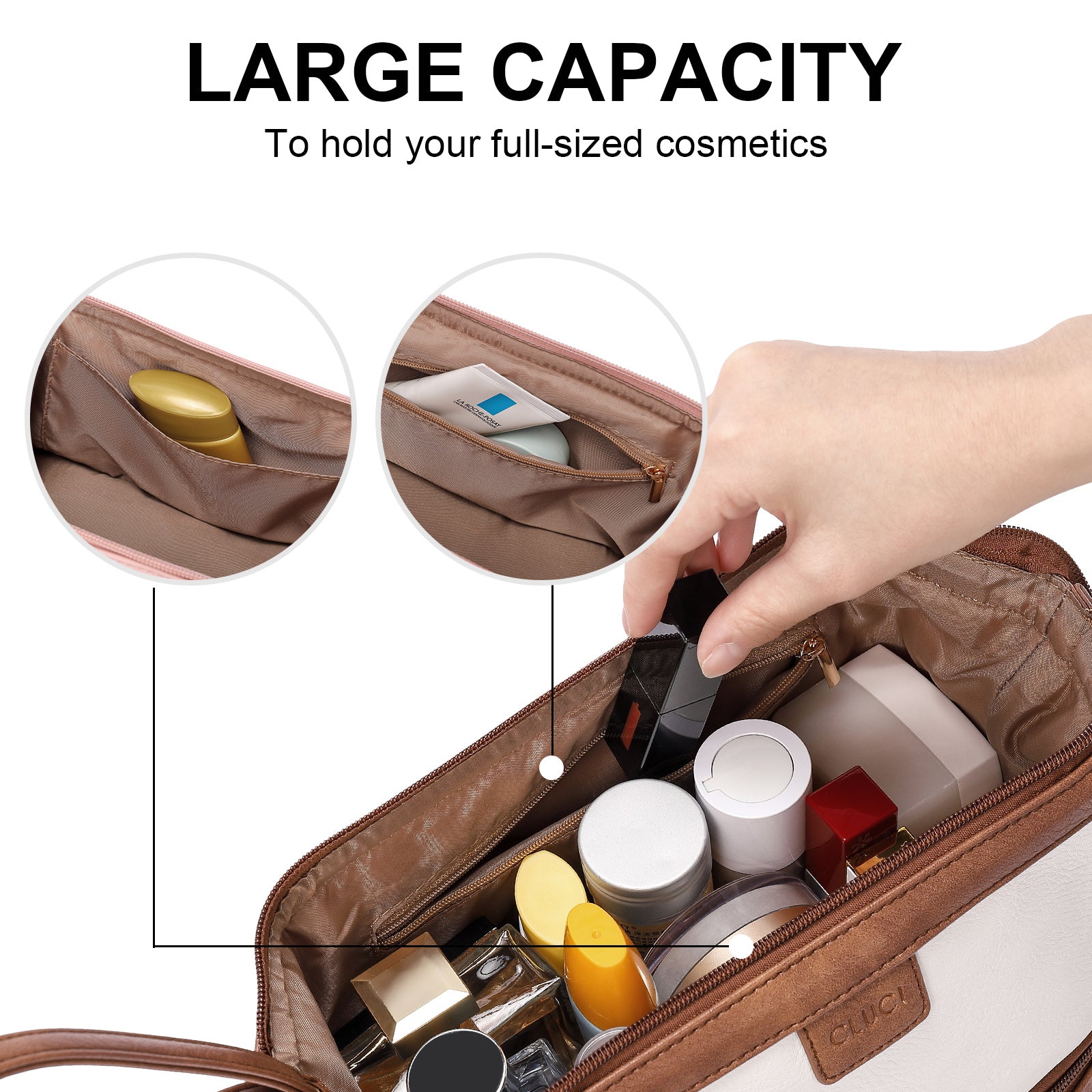 CLUCI Travel Makeup Bag Cosmetic Bag Large Capacity Makeup Bag Organizer PU Leather Water-resistant Women Double Layer Portable Cosmetic Travel Bags Traveling Toiletry Bag