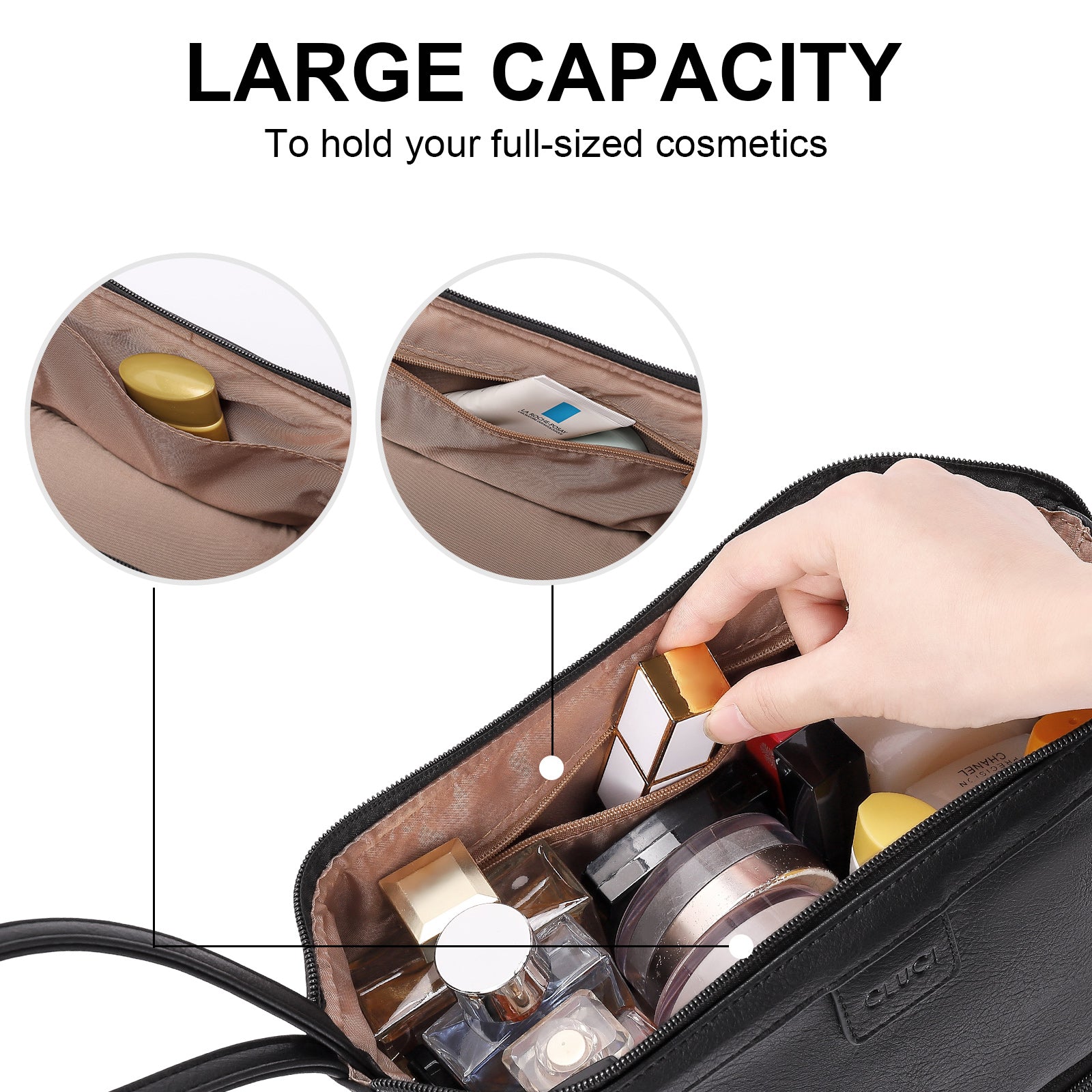 CLUCI Travel Makeup Bag Cosmetic Bag Large Capacity Makeup Bag Organizer PU Leather Water-resistant Women Double Layer Portable Cosmetic Travel Bags Traveling Toiletry Bag