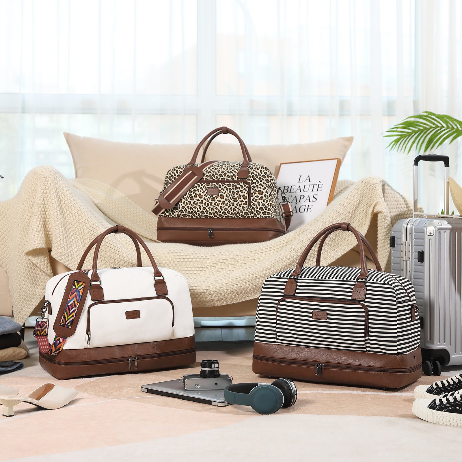 CLUCI Weekender Bags for Women Canvas Duffle Bag Travel Overnight Bags Carry On Tote with Shoe Compartment Beige with Brown