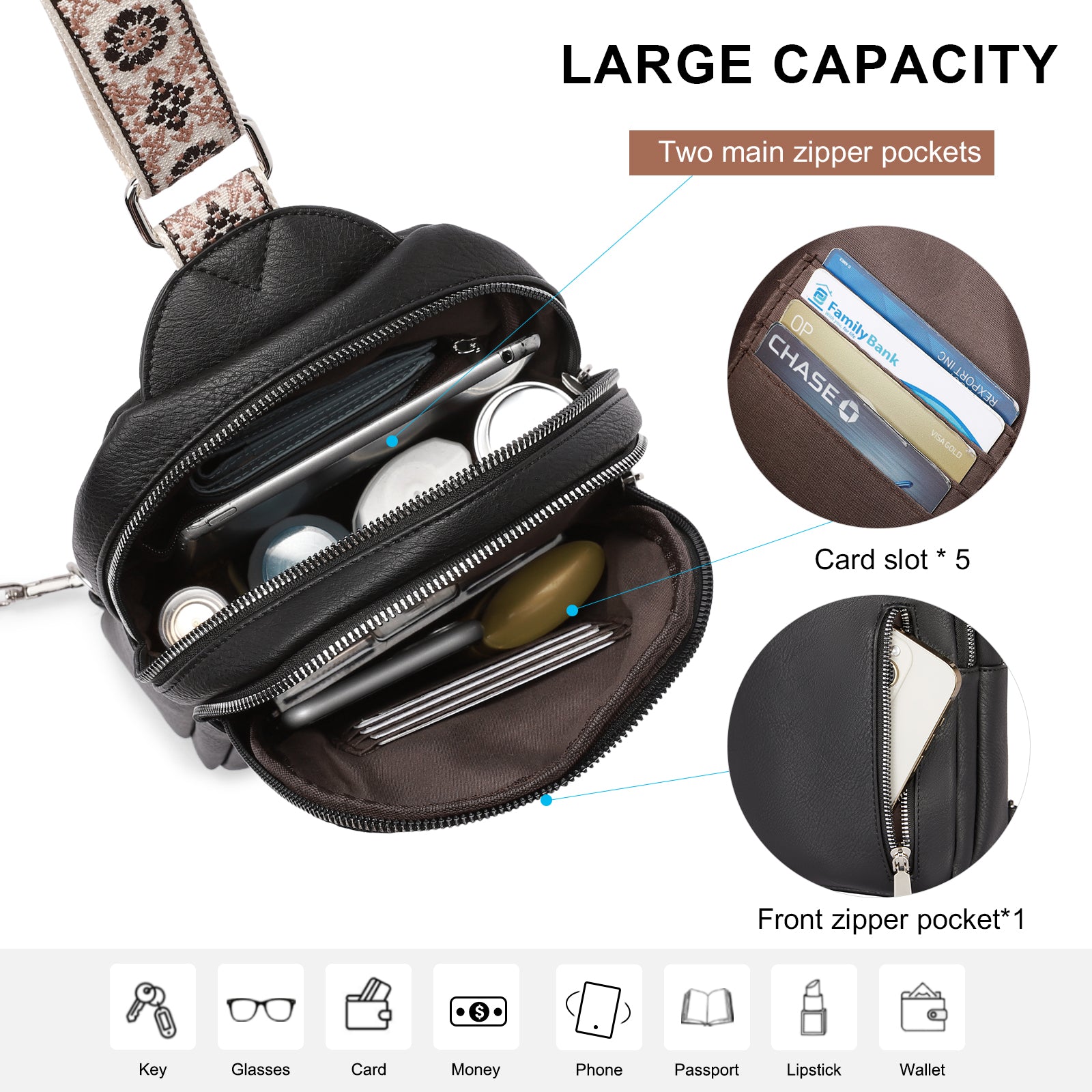 CLUCI Large Leather Fanny Packs Sling Bag for Women Crossbody Purse Trendy Chest Bag