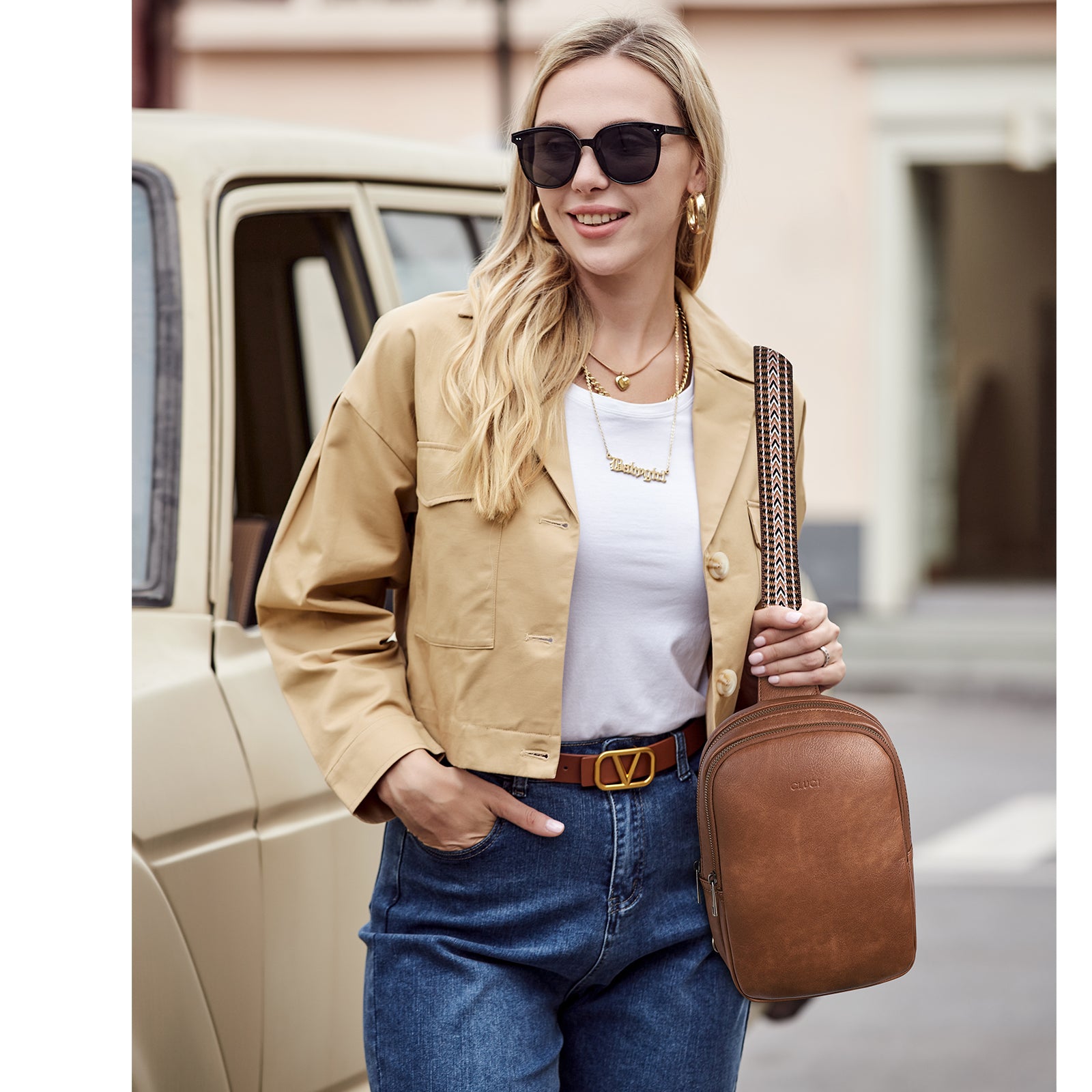 CLUCI Leather Large Sling Bag Crossbody Bag for Women Chest Bag for Travel