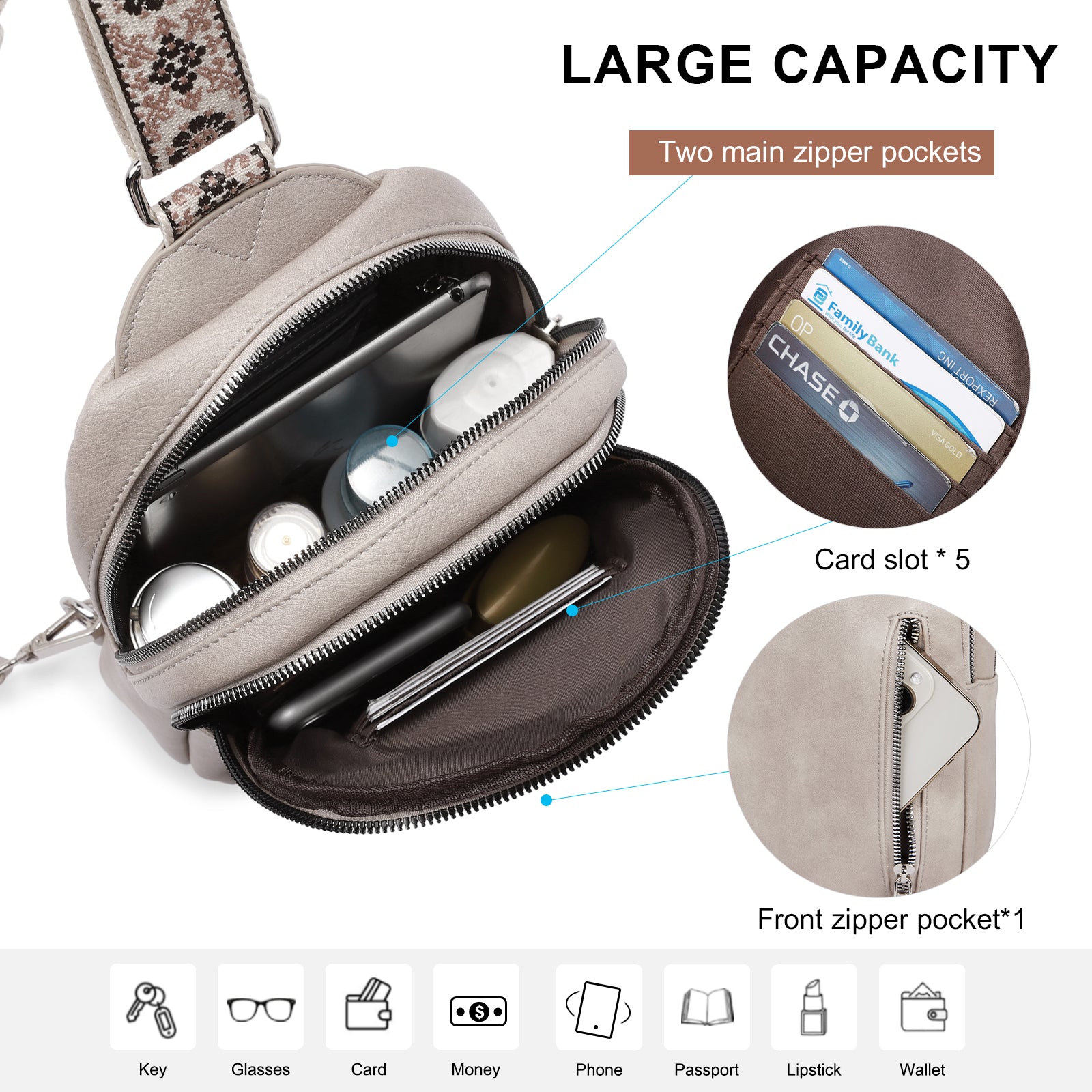 CLUCI Large Leather Fanny Packs Sling Bag for Women Crossbody Purse Trendy Chest Bag