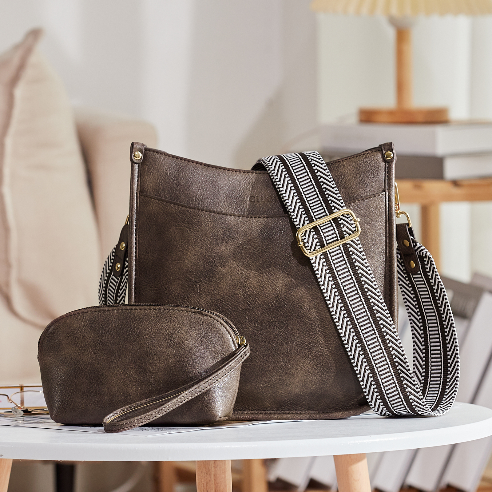 Stylish 2pcs Medium Hobo handbag and Crossbody Bag with 2 Adjust Guitar Strap