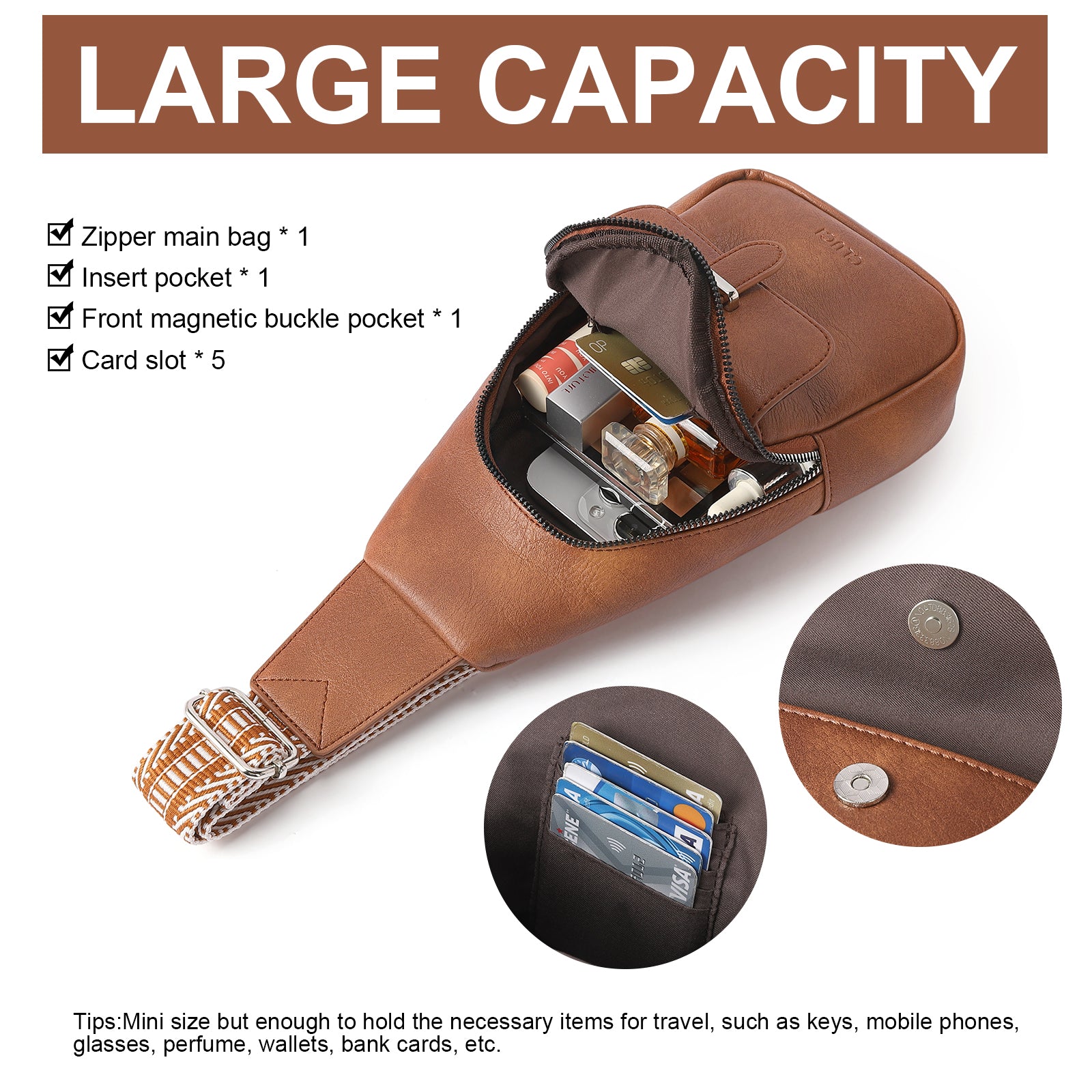 CLUCI Small Faux Leather Sling Bag Fashion Waist Packs with Guitar Strap for Women