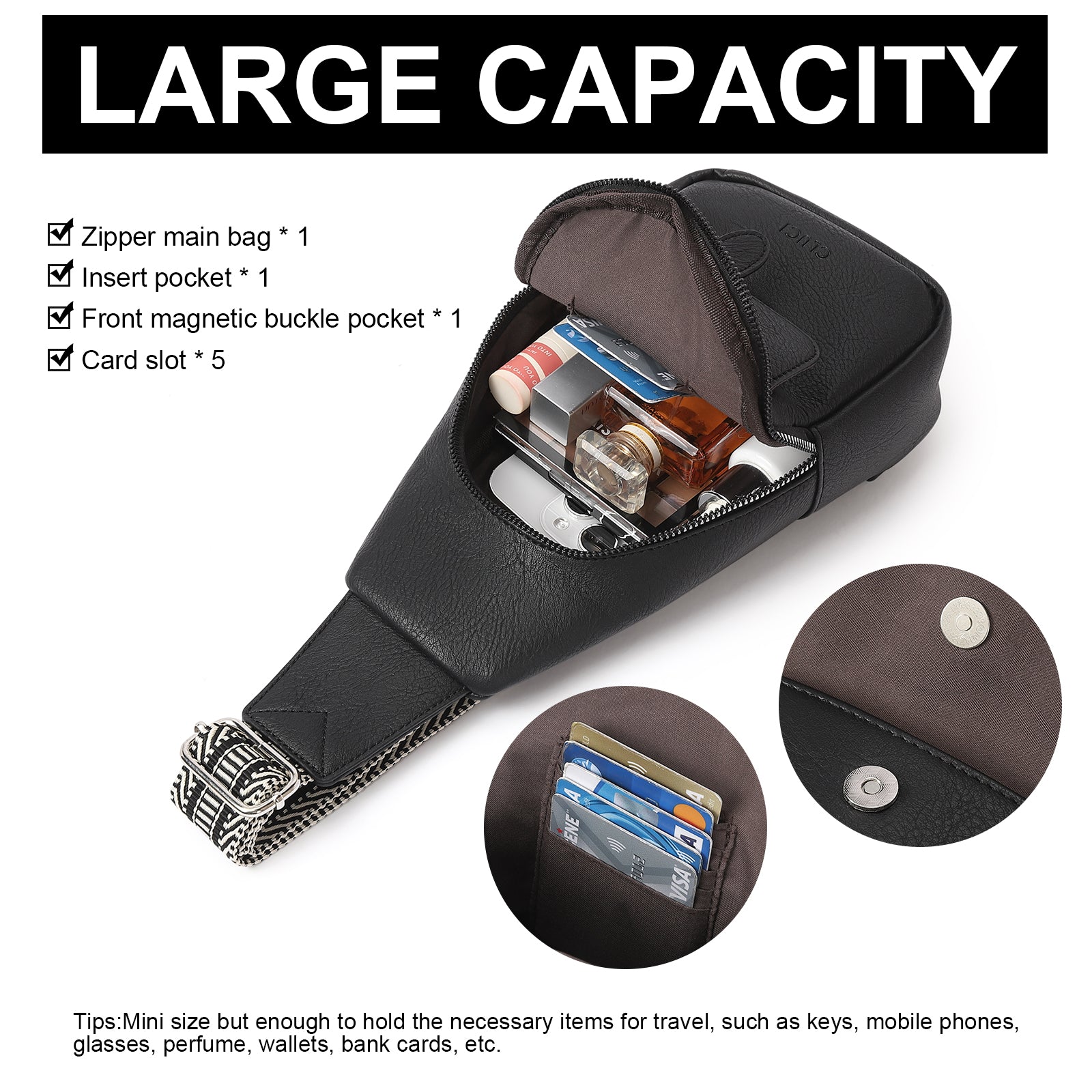 CLUCI Small Faux Leather Sling Bag Fashion Waist Packs with Guitar Strap for Women