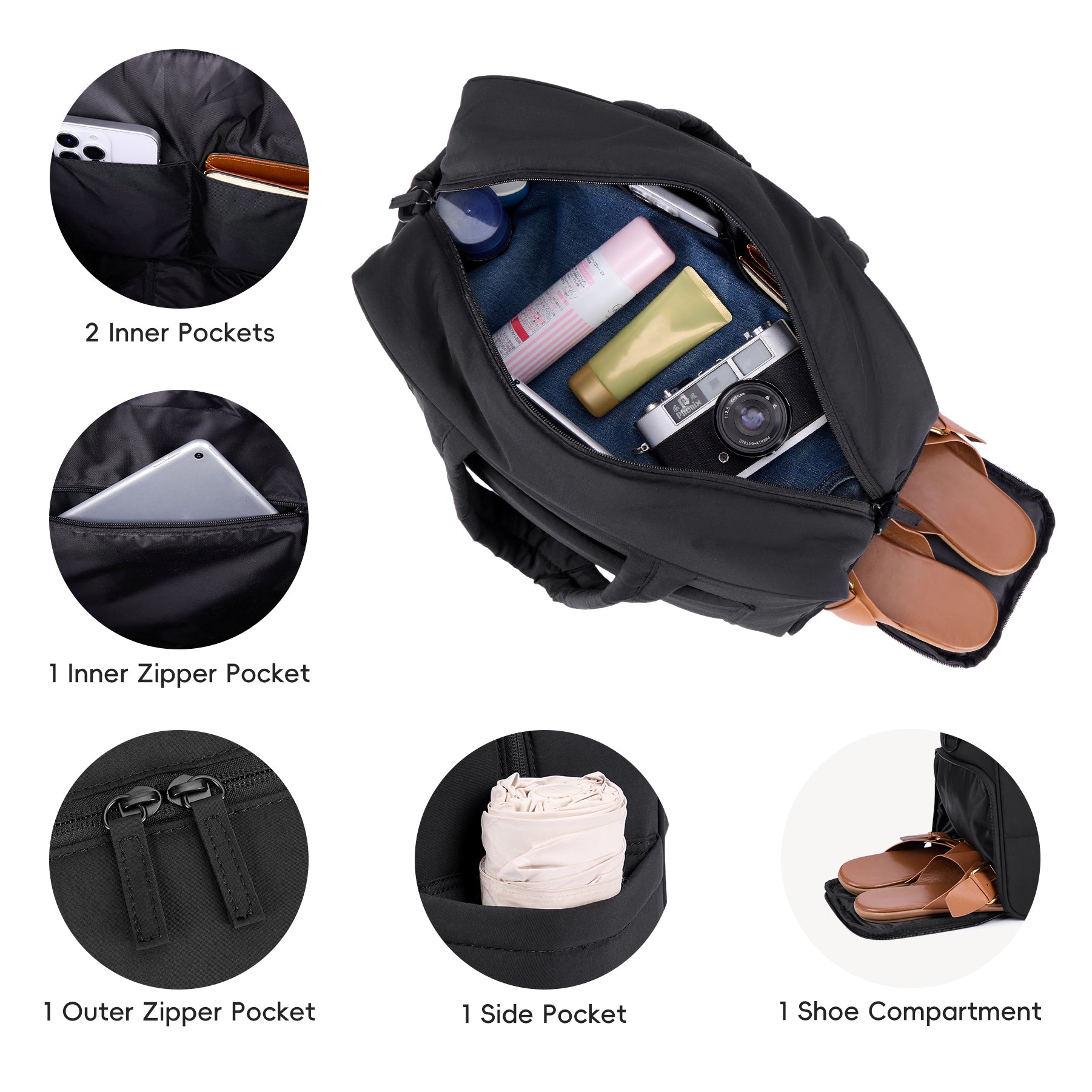 CLUCI Weekender Travel Bag for Women Puffer Tote Bag Carry On Duffle Overnight Bags with Shoe Compartment Black