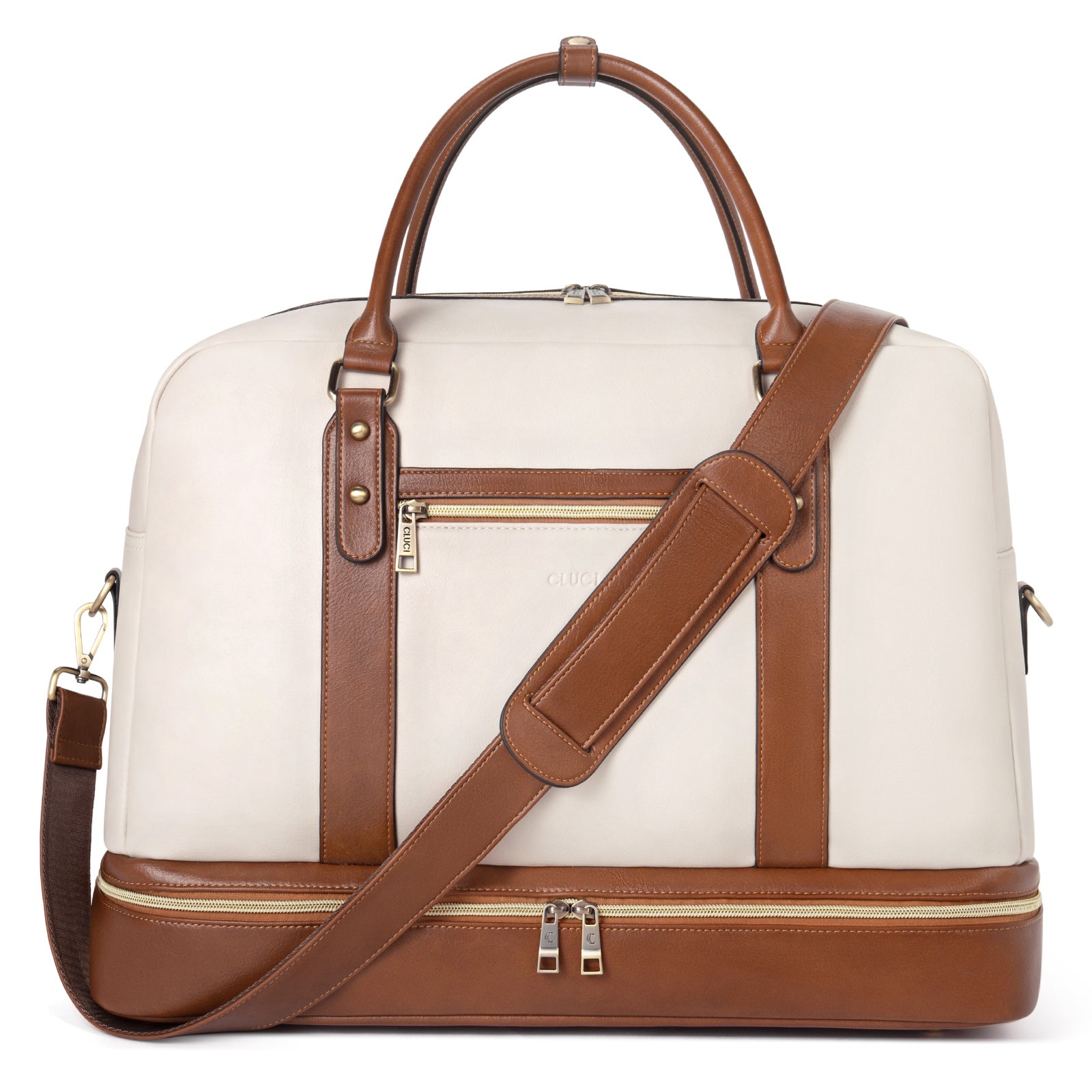 CLUCI Weekender Bag for Women Travel Leather Duffel Bag Carry on Overnight Bag Beige with Brown