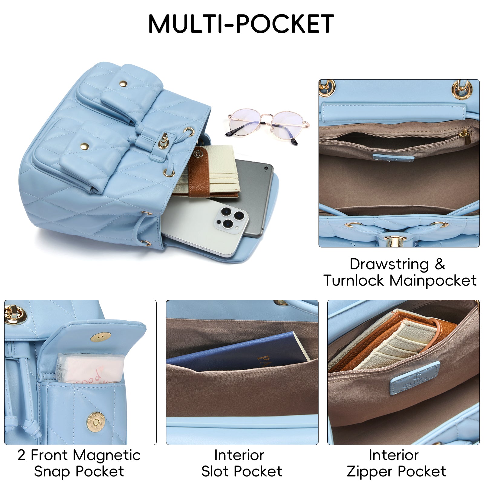 CLUCI Small Backpack Purse for Women,Mini Vegan Leather Tabby Backpack for Woman Quilted Bookbag Crossbody Bag