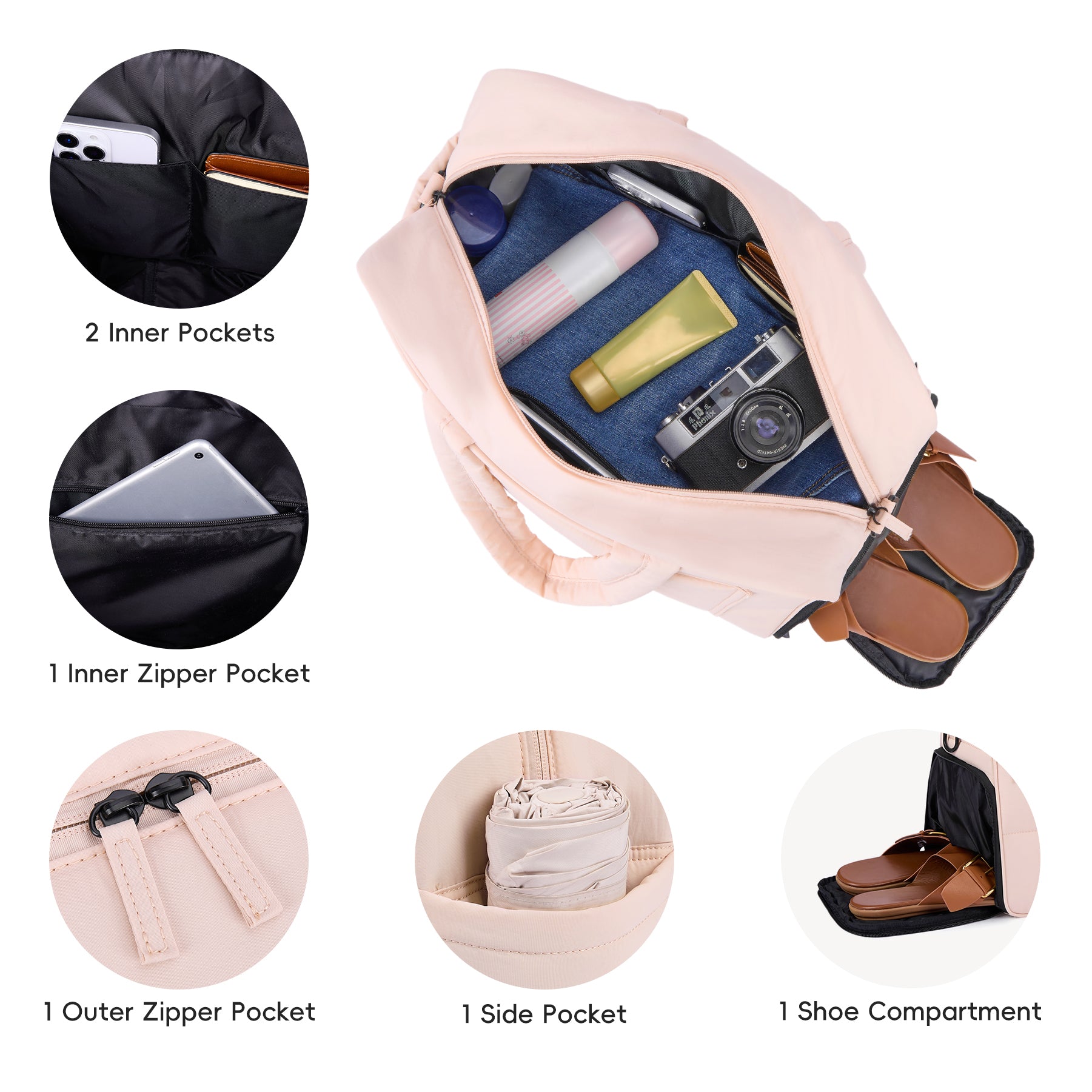 CLUCI Weekender Travel Bag for Women Puffer Tote Bag Carry On Duffle Overnight Bags with Shoe Compartment Black