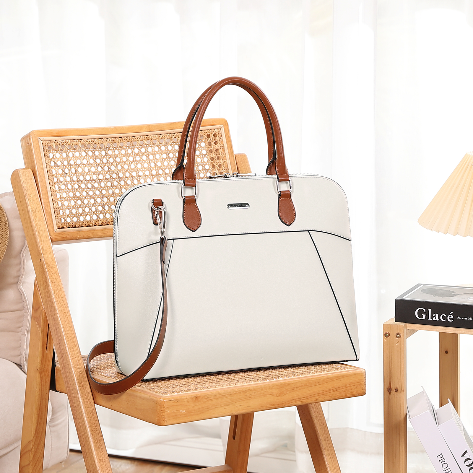 CLUCI Briefcase for Women Leather 15.6inch Laptop Copmputer Slim Handbags Shoulder Bag Beige