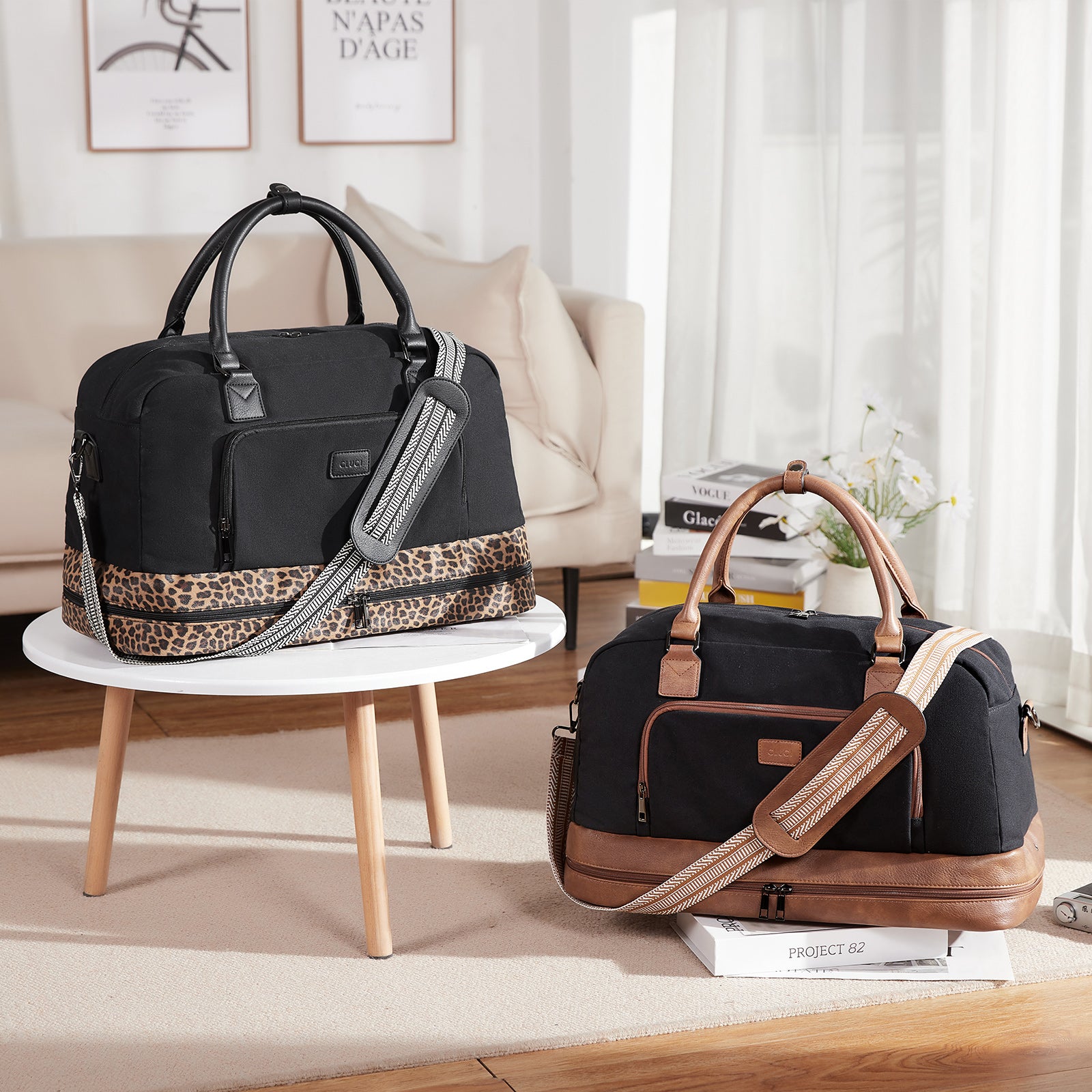 CLUCI Weekender Bags for Women Canvas Duffle Bag Travel Overnight Bags Carry On Tote with Shoe Compartment Beige with Brown