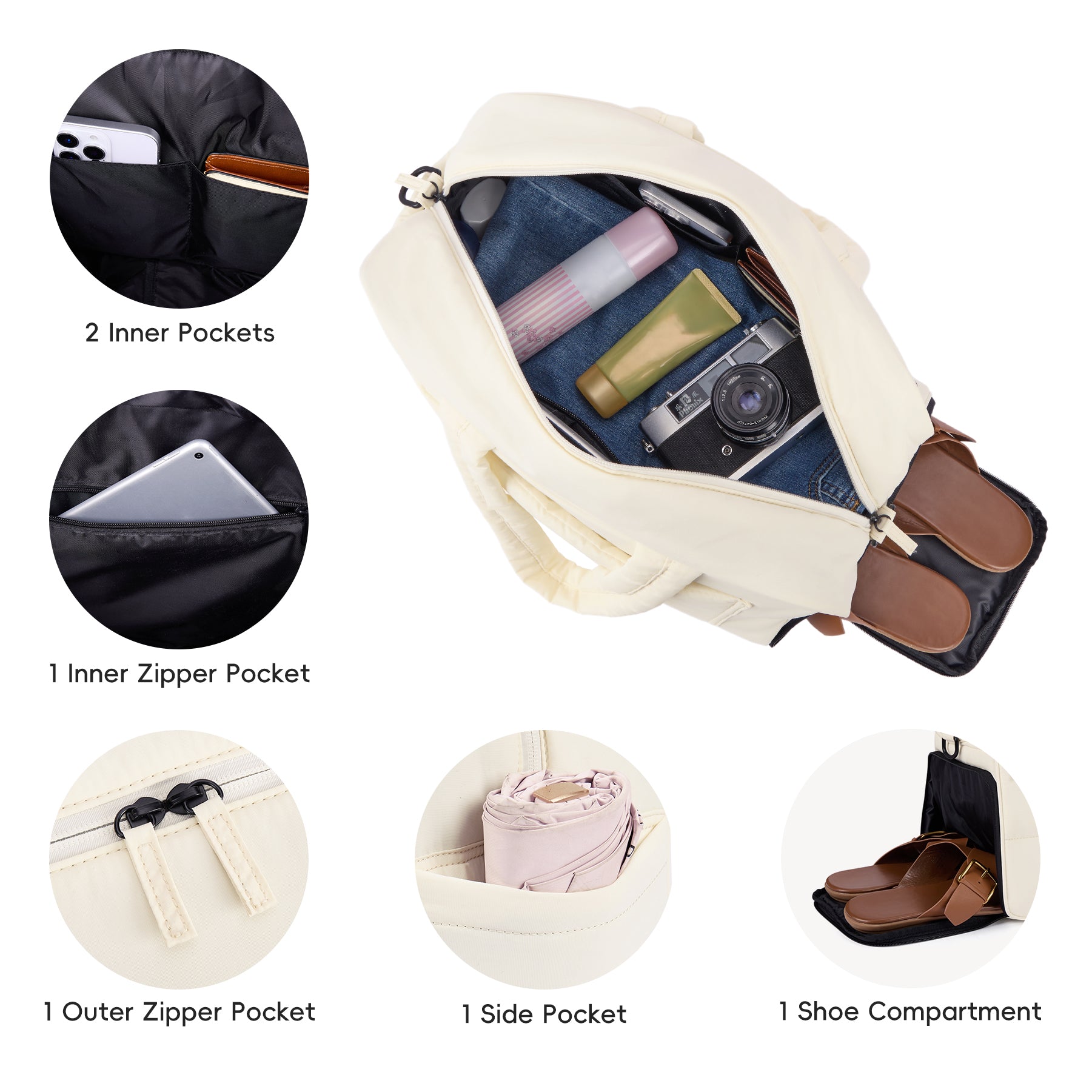 CLUCI Weekender Travel Bag for Women Puffer Tote Bag Carry On Duffle Overnight Bags with Shoe Compartment Black