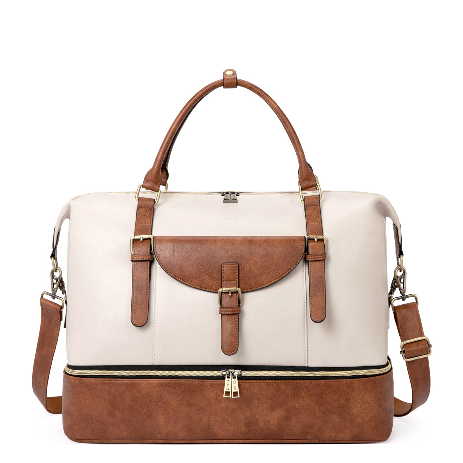 CLUCI Duffel Bag for Travel Leather Women Weekender Bag Carry on Travel Bag with Shoe Compartment Beige with Brown 並行輸入品 CLUCI Duffel Bag for Travel Women Leather Travel Bag Carry on Weekende