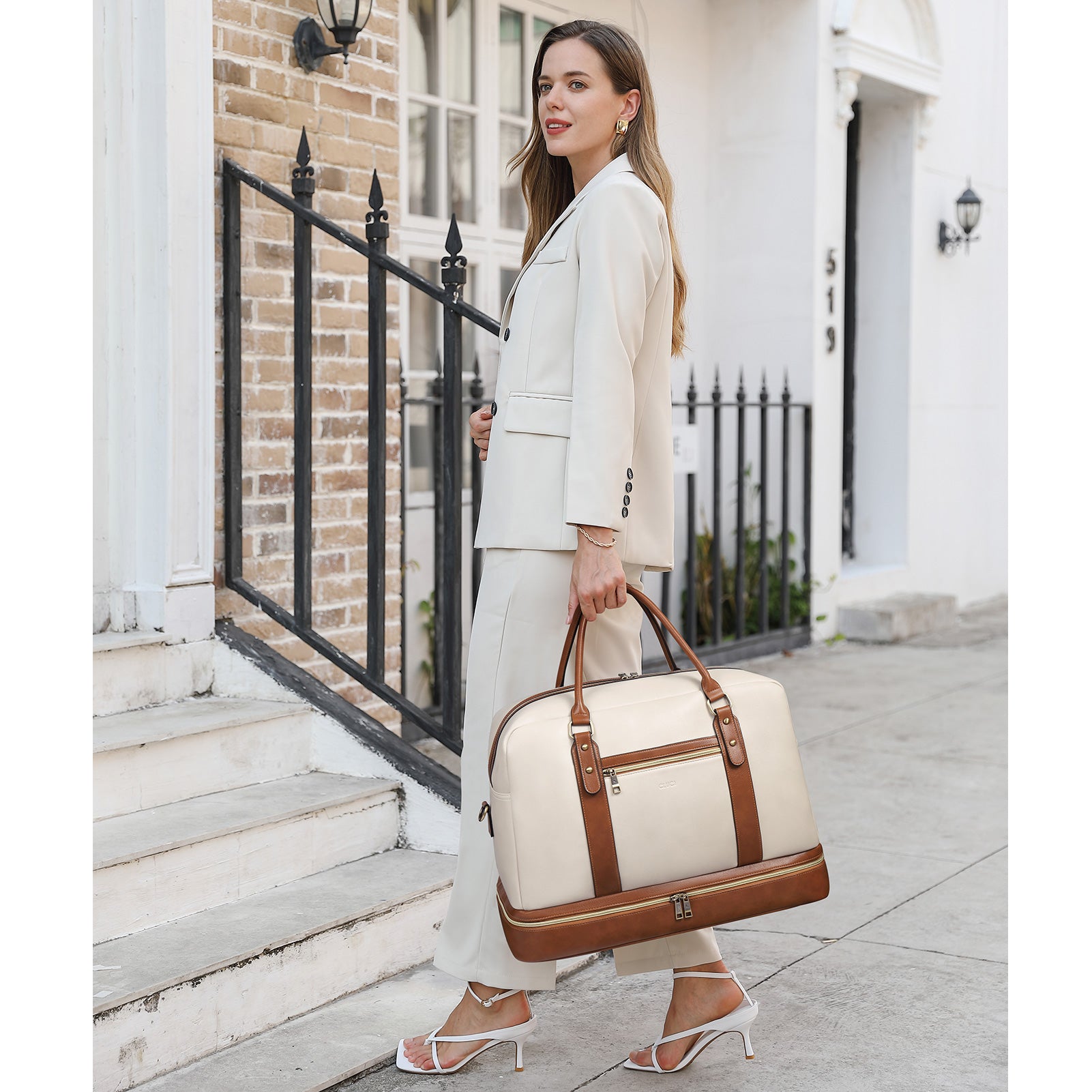 CLUCI Weekender Bag for Women Travel Leather Duffel Bag Carry on Overnight Bag Beige with Brown