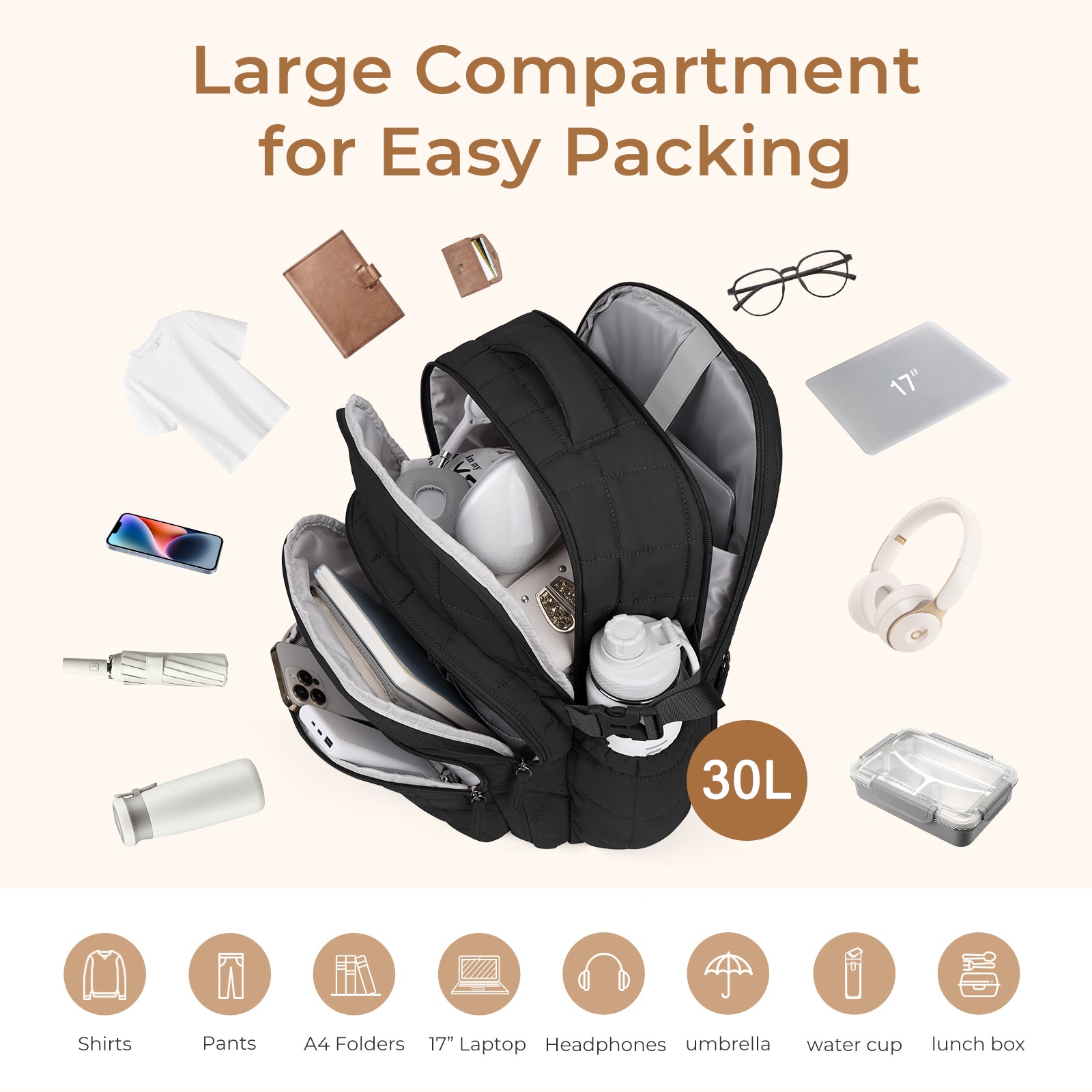 CLUCI 17.3'' Puffer Quilted Laptop Backpack for Women