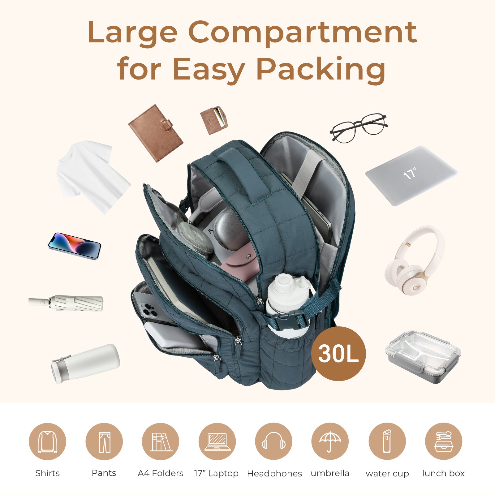 CLUCI 17.3'' Puffer Quilted Laptop Backpack for Women