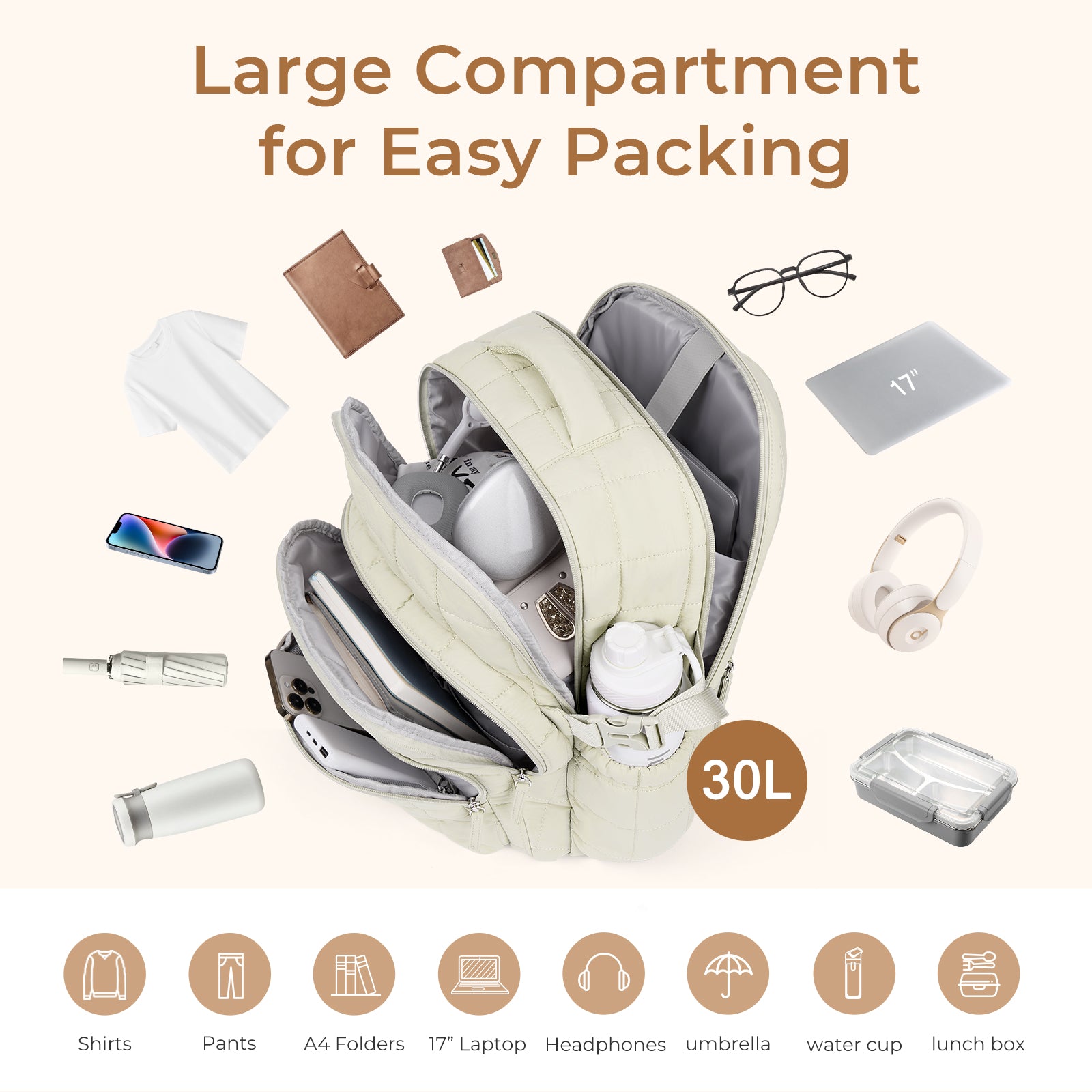 CLUCI 17.3'' Puffer Quilted Laptop Backpack for Women