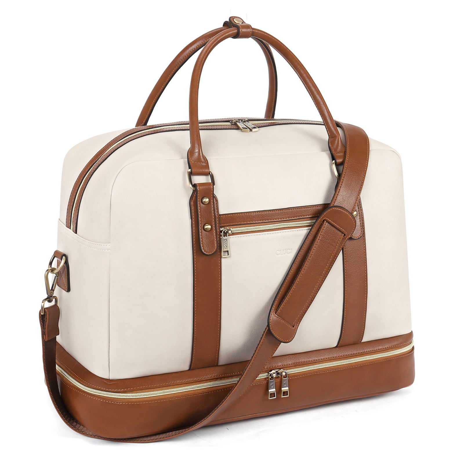 CLUCI Weekender Bag for Women Travel Leather Duffel Bag Carry on Overnight Bag Beige with Brown