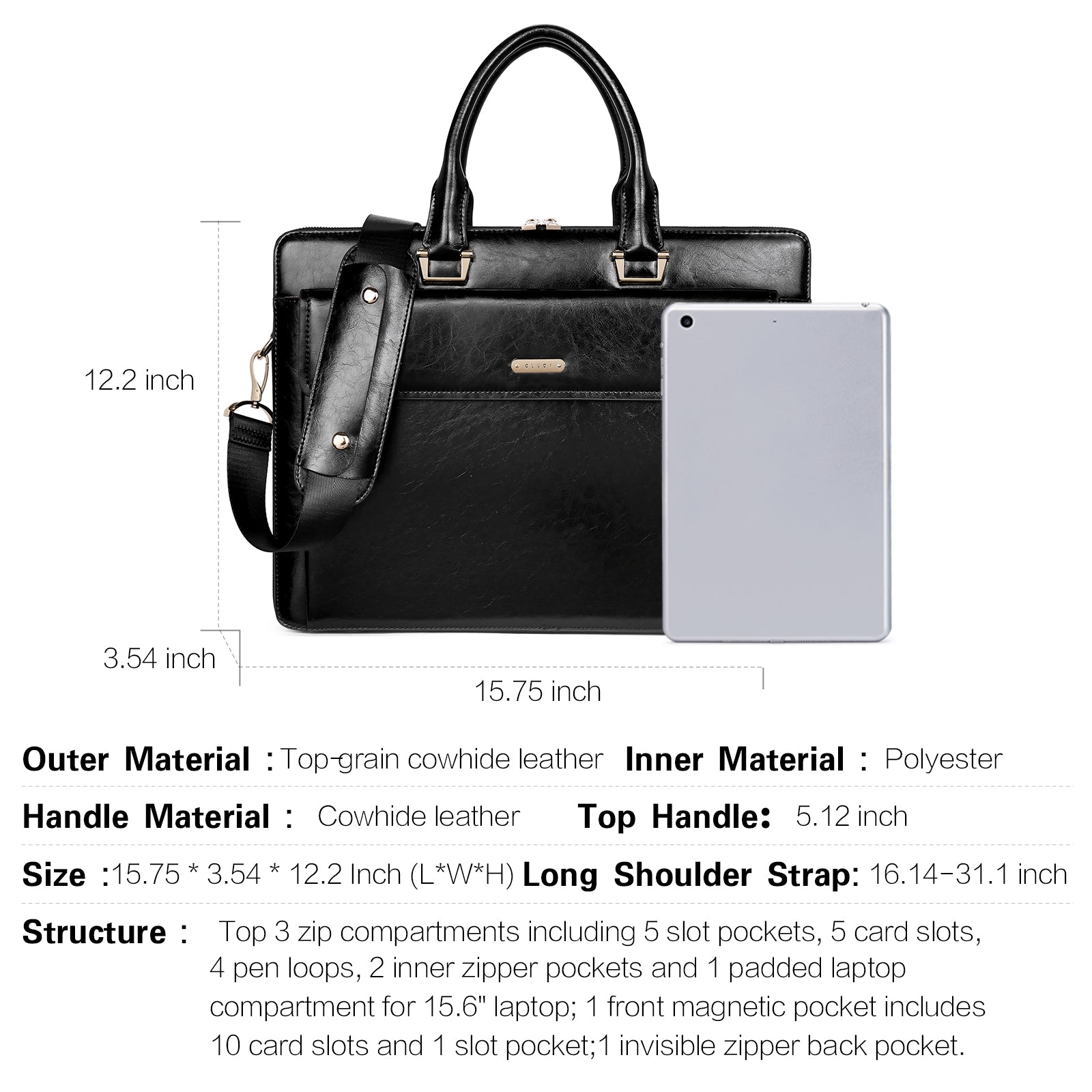 Davison Womens Slim Leather Briefcase  Carry 15.6 Inch Laptop