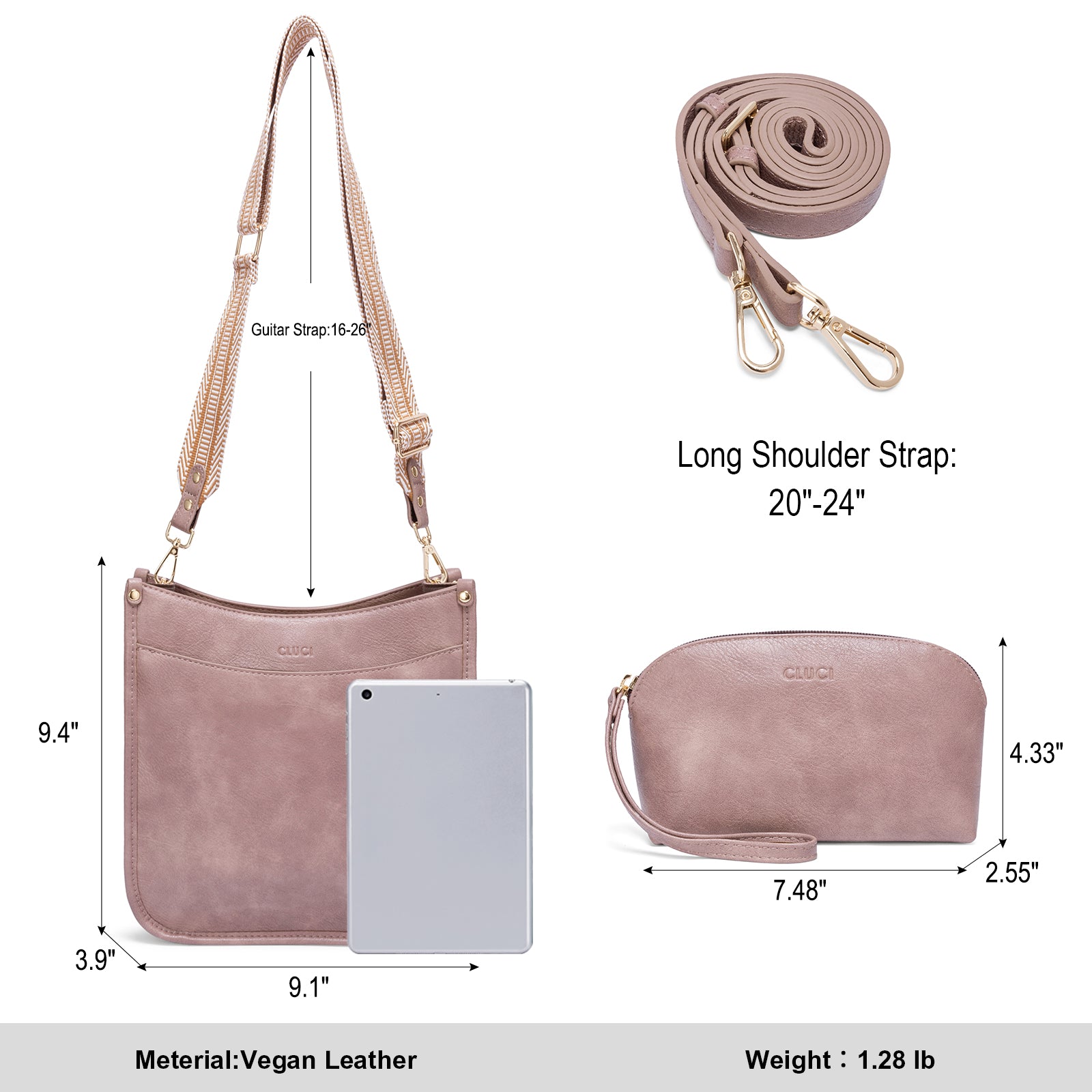 Stylish 2pcs Medium Hobo handbag and Crossbody Bag with 2 Adjust Guitar Strap