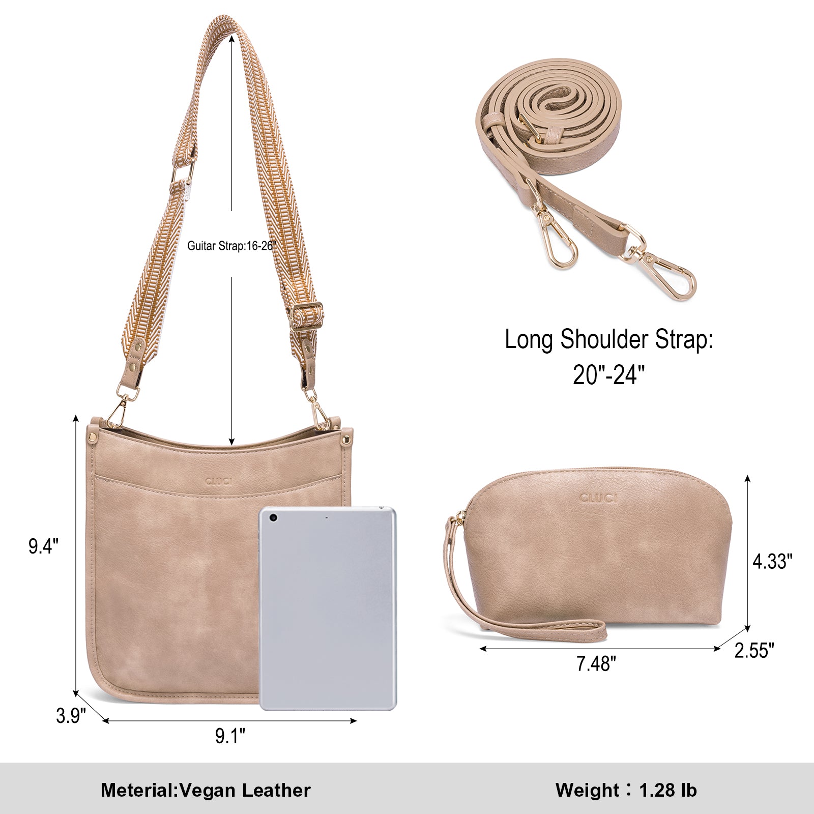 Stylish 2pcs Medium Hobo handbag and Crossbody Bag with 2 Adjust Guitar Strap