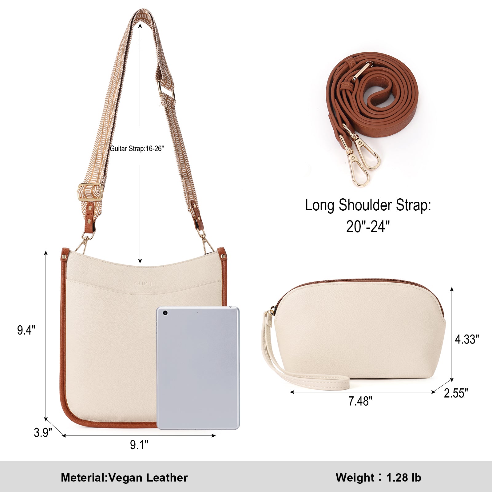 Stylish 2pcs Medium Hobo handbag and Crossbody Bag with 2 Adjust Guitar Strap