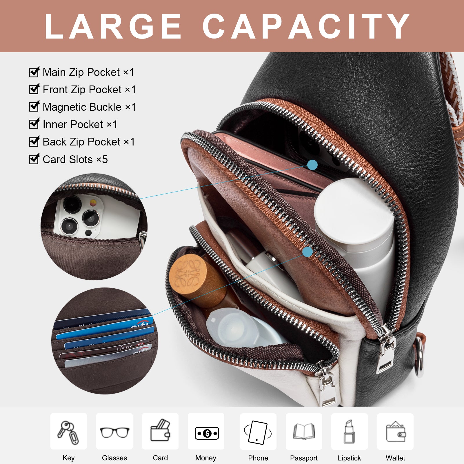 CLUCI Leather Sling Bag With Guitar Strap