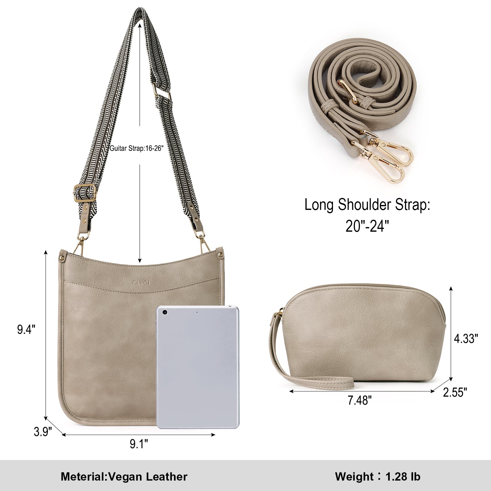 Stylish 2pcs Medium Hobo handbag and Crossbody Bag with 2 Adjust Guitar Strap