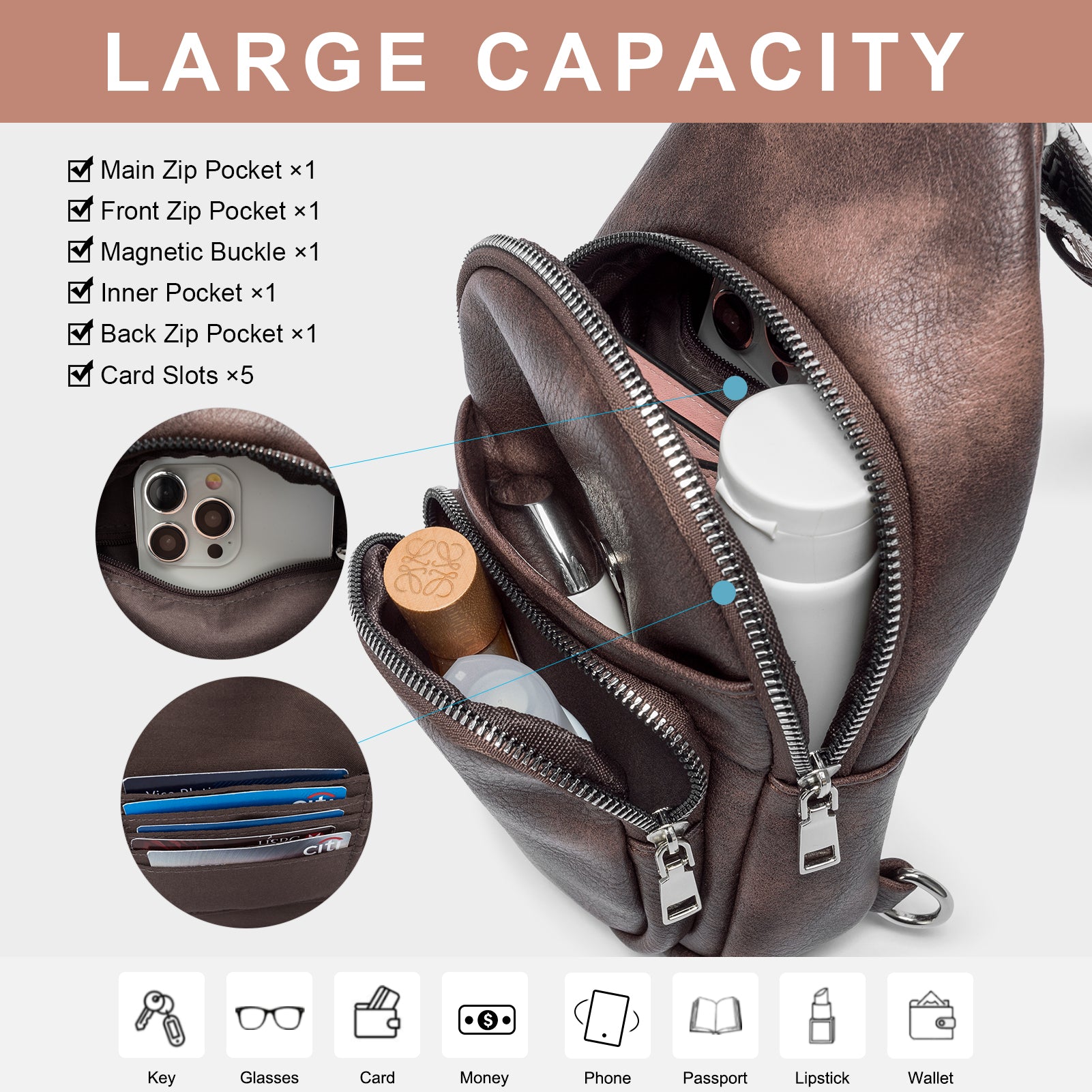 CLUCI Leather Sling Bag With Guitar Strap